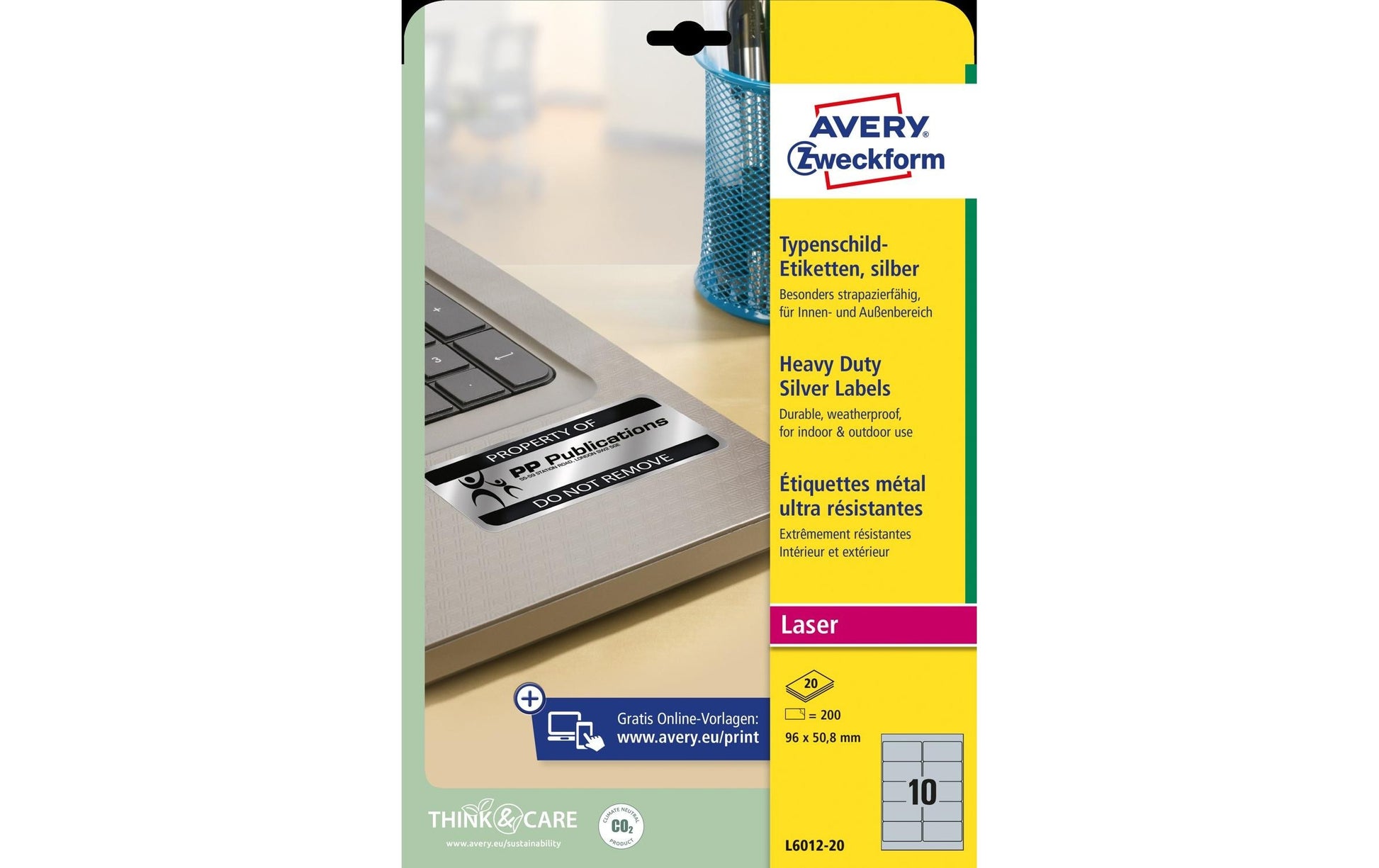 Avery Typenschild-Etiketten, 96 mm × 51 mm, silber, Folie, permanent, 200 Etiketten (20 Blatt)