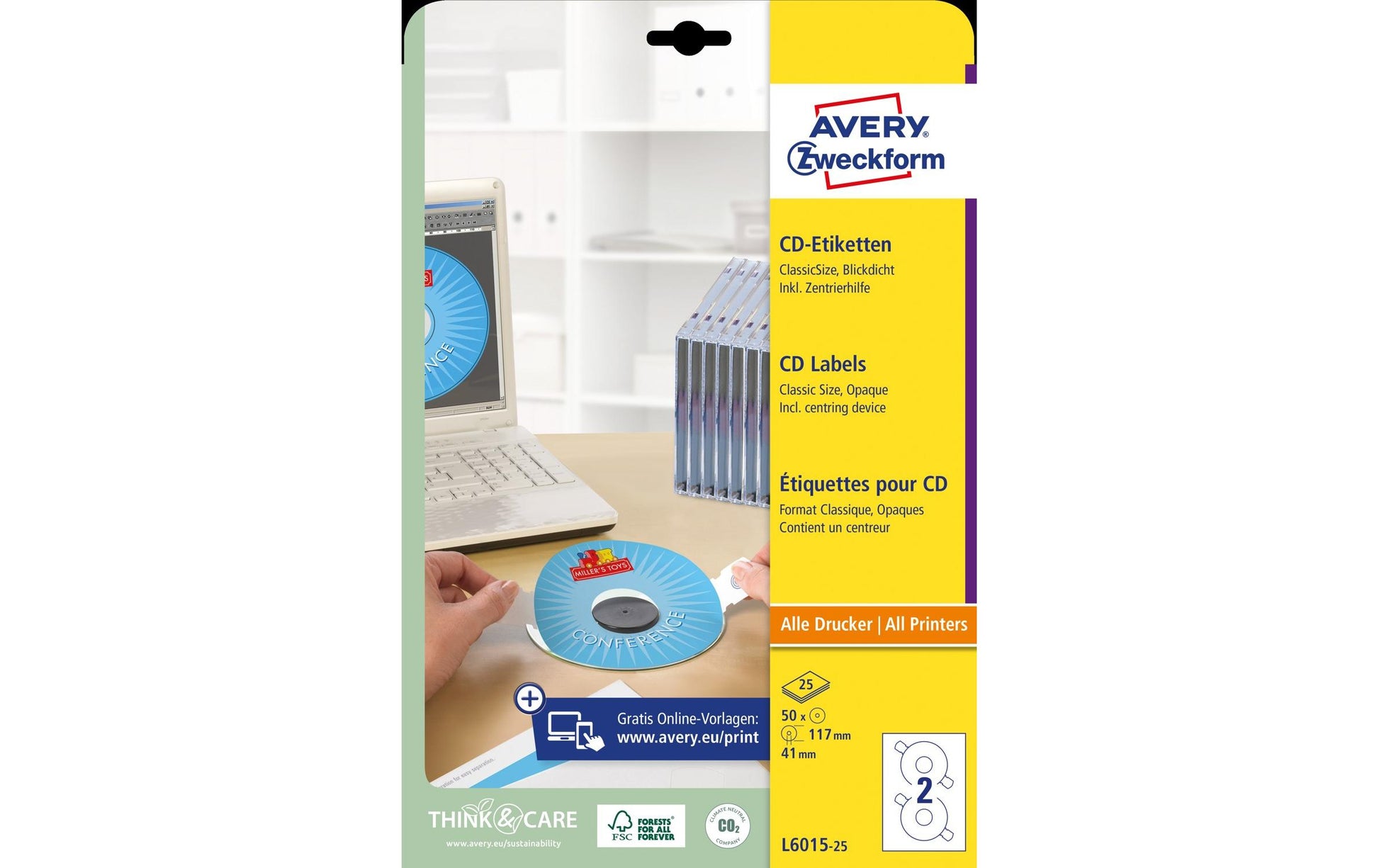 Avery Zweckform – Datenträger-Etiketten, Ø 117 mm, weiss, Papier, Permanent, 50 Etiketten (25 Blatt)