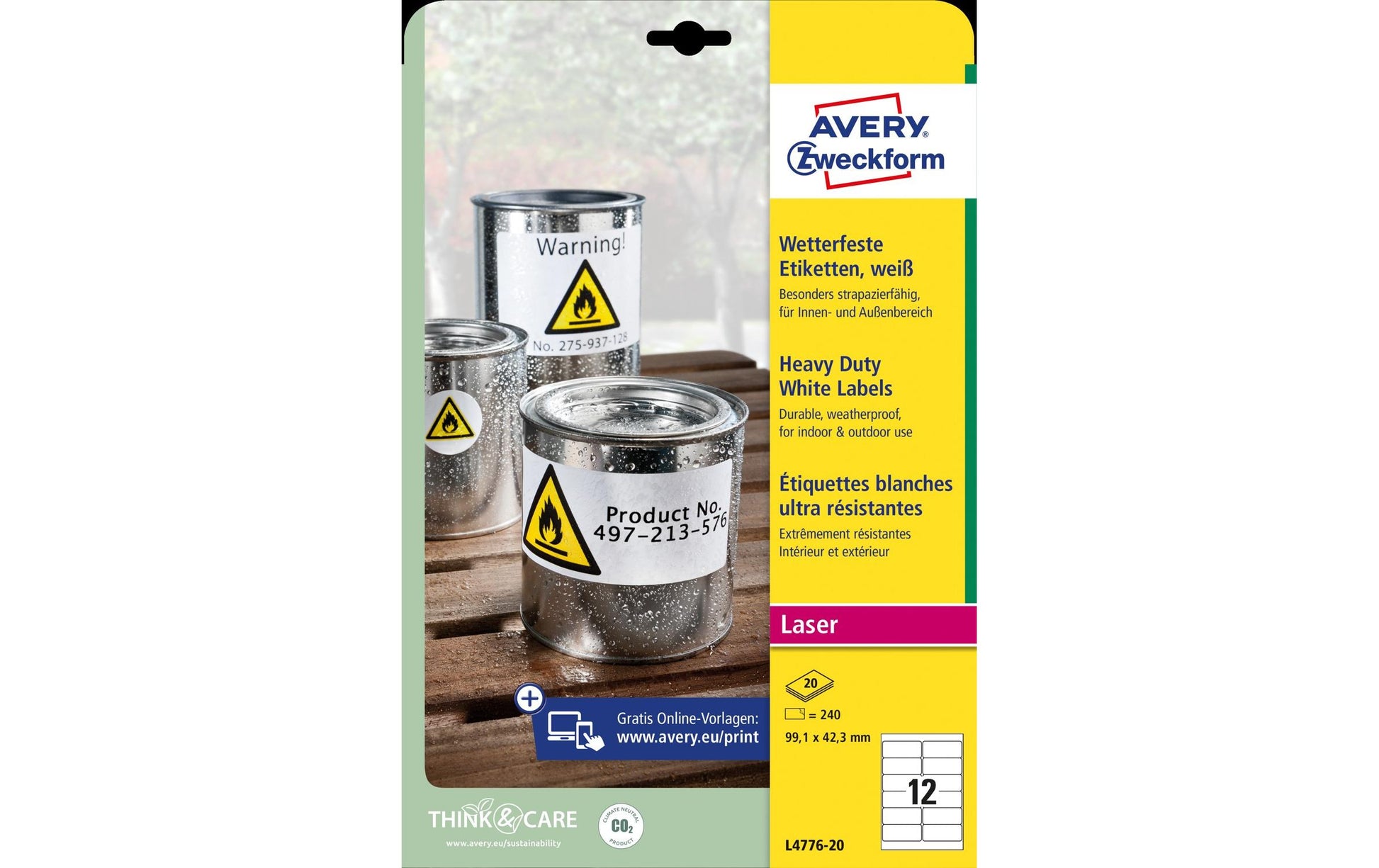 Avery Druckeretiketten (Bogen), 99 mm × 42 mm, weiss, PES-Folie, extra stark, 240 Etiketten (20 Blatt)