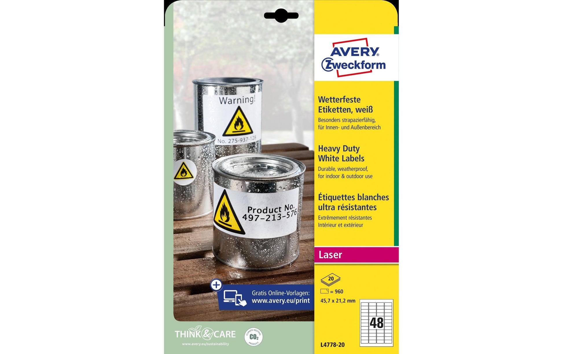 Avery Druckeretiketten, 46 mm × 21 mm, weiss, Folie, extra stark, 960 Etiketten (20 Blatt)