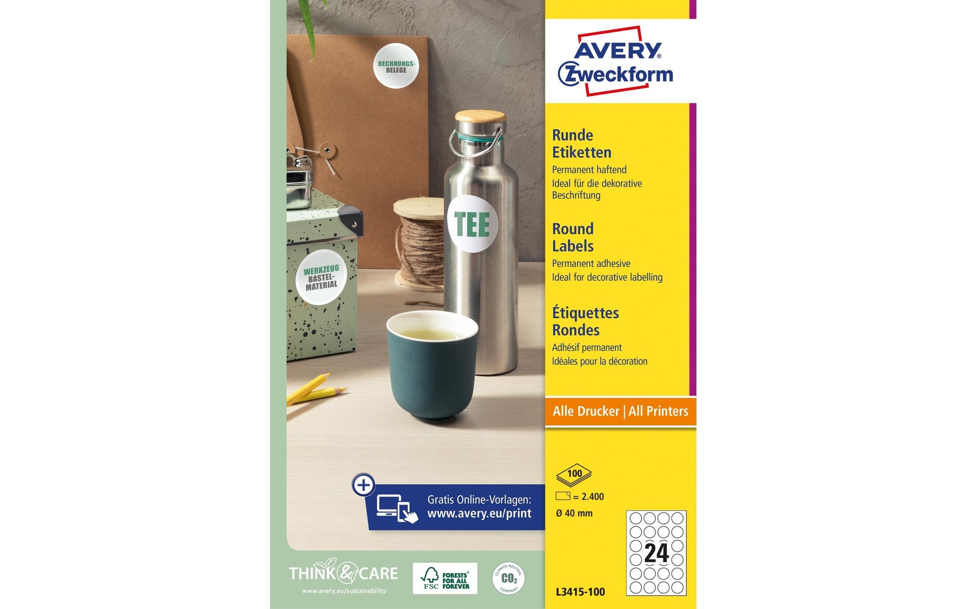 Avery Etiketten auf Bogen, Ø 40 mm, weiss, Papier, permanent, 2400 Etiketten