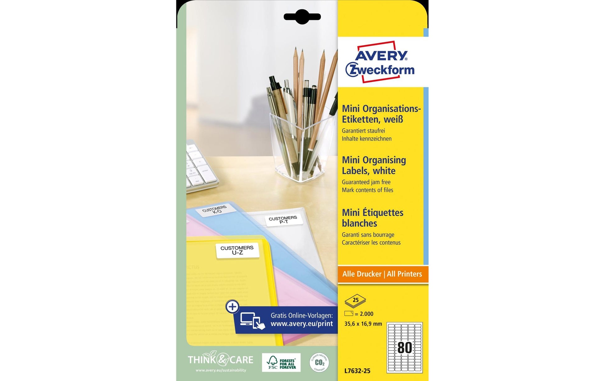 AVERY ZWECKFORM Schuletiketten – 35,6×16,9 mm, Abgerundete Ecken, 2000 Stk, 25 Bogen, Papier