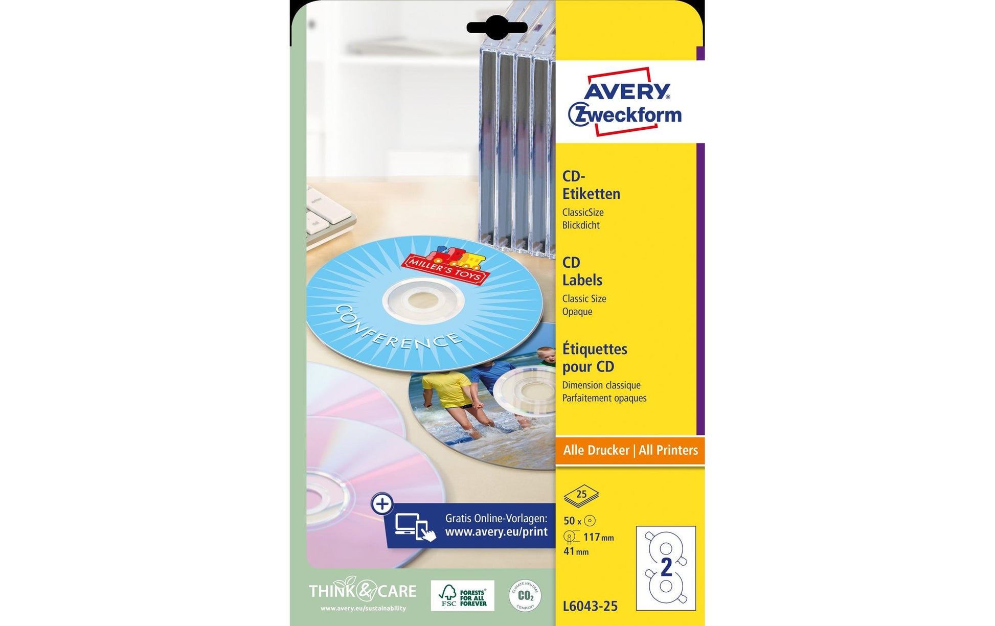 Avery CD-/DVD-Etiketten, Ø 117 mm, weiss, Papier, permanent, 50 Etiketten (25 Blatt)