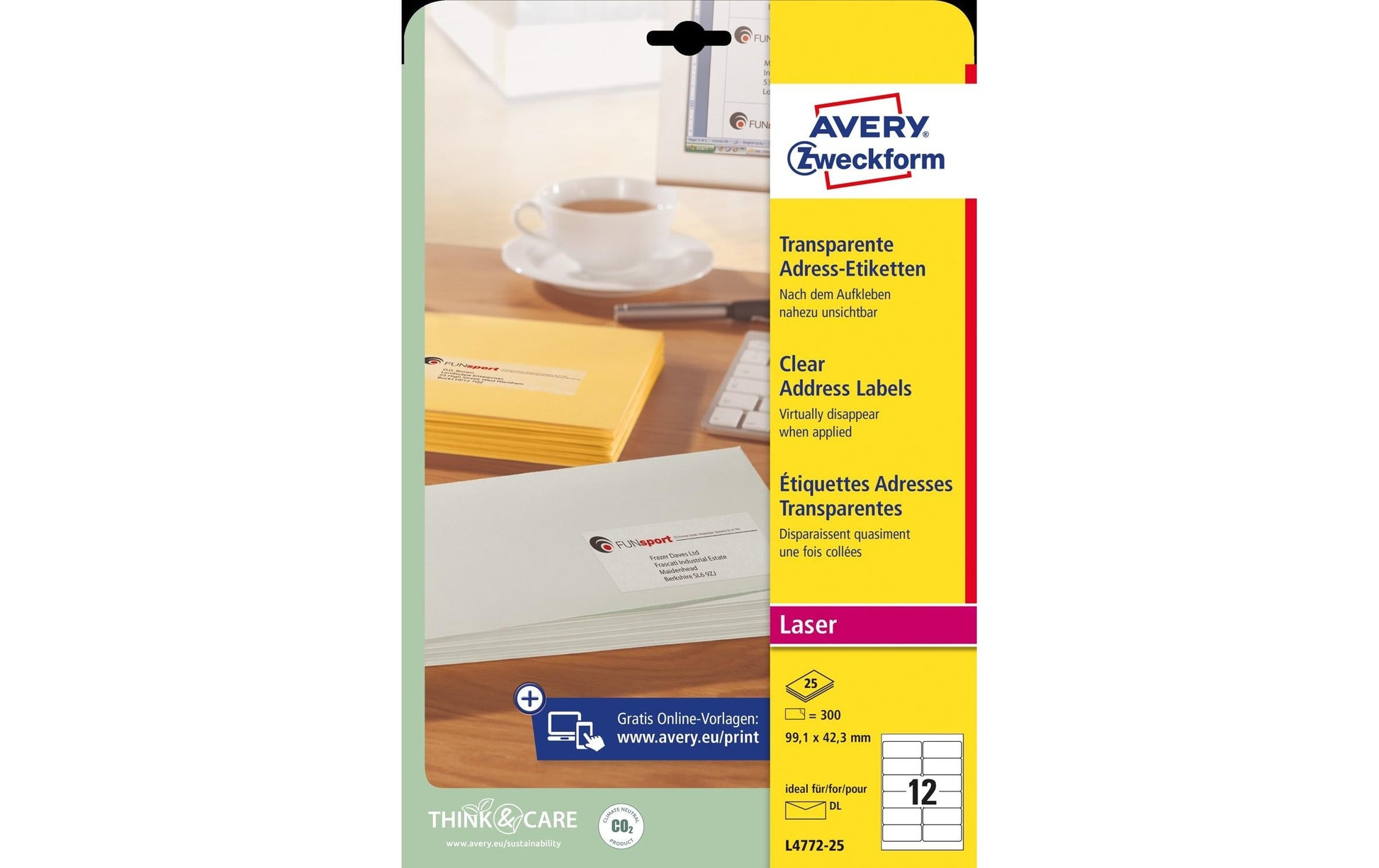 Avery Drucketiketten, 99,1 mm × 42,3 mm, transparent, 300 Etiketten (25 Blätter)