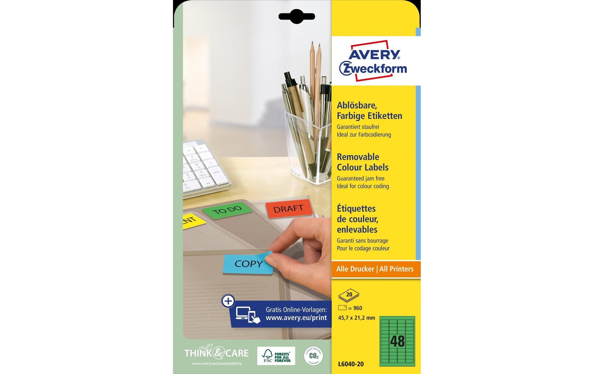 AVERY Zweckform – Etiketten A4 46 × 21 mm – Papier, grün – wiederablösbar – Laser/Inkjet – 48 pro Blatt, 20 Blätter