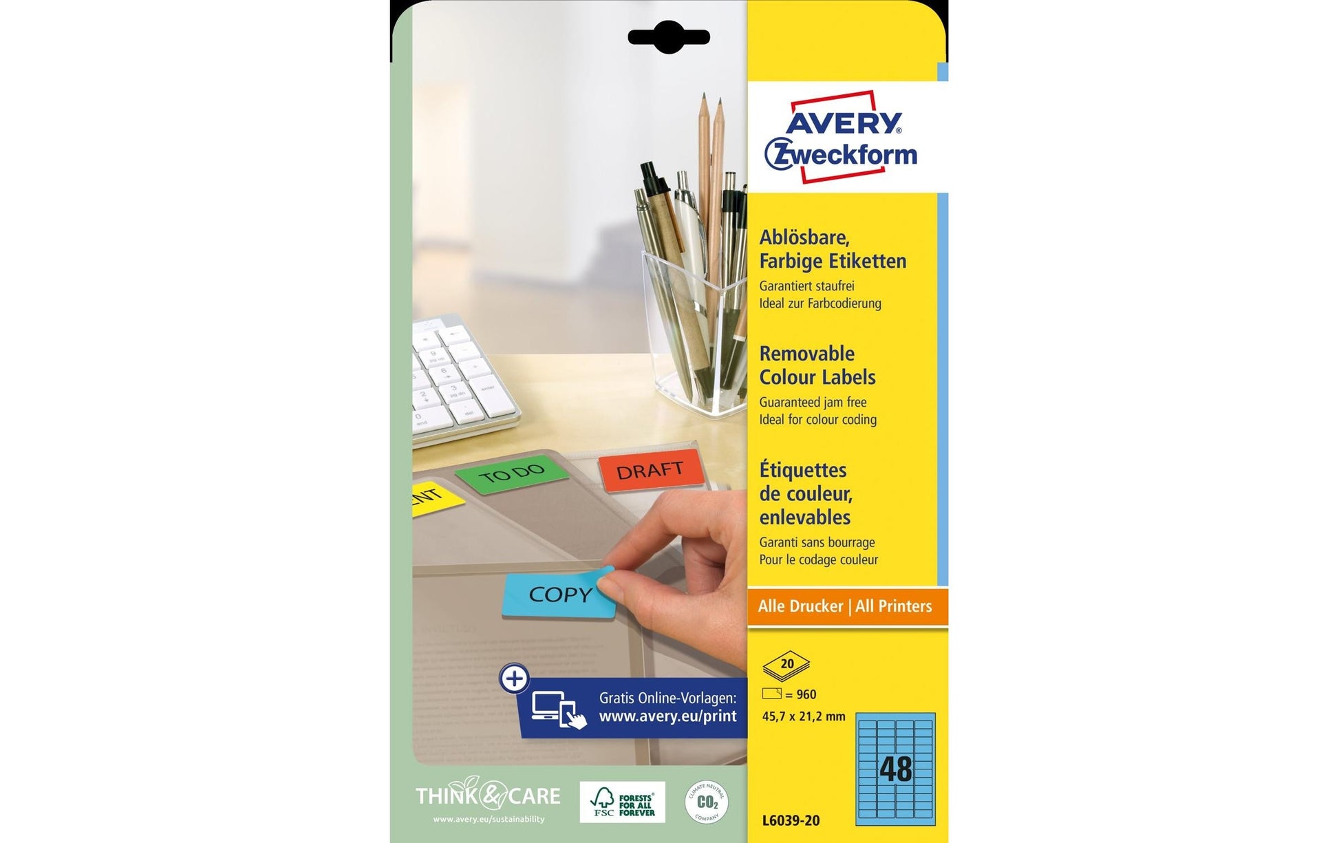 AVERY Zweckform L6039-20 – Etiketten A4 46 × 21 mm – blau – Laser/Inkjet – 20 Blätter – abgerundete Ecken