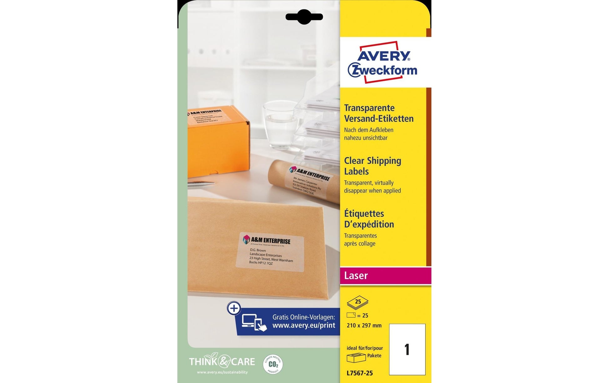 Avery Drucketiketten, 210 mm × 297 mm, transparent, Folie, permanent, 25 Blatt