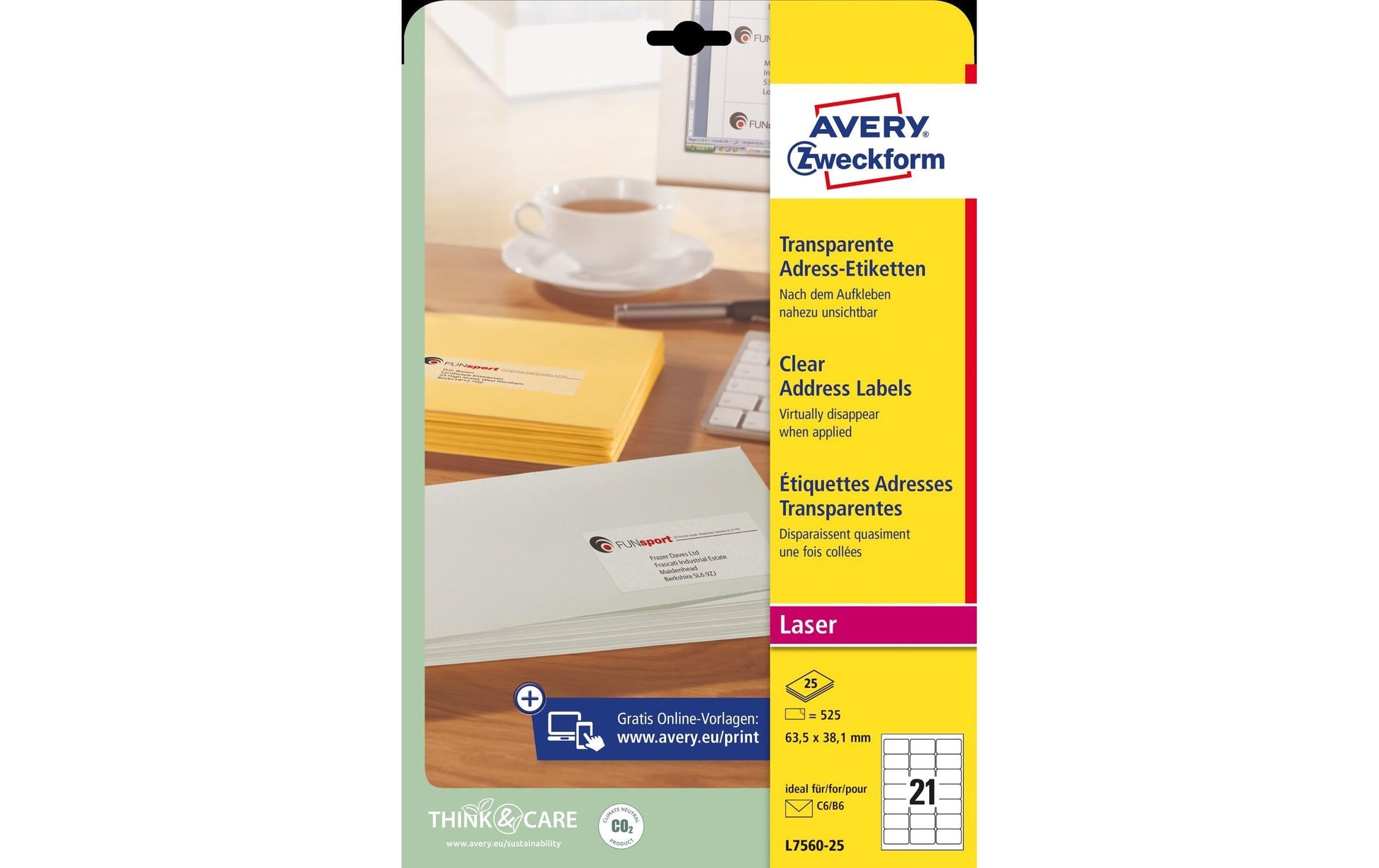 Avery Bogenetiketten, 64 mm × 38 mm, transparent, Folie, permanent, 25 Blatt (525 Etiketten)