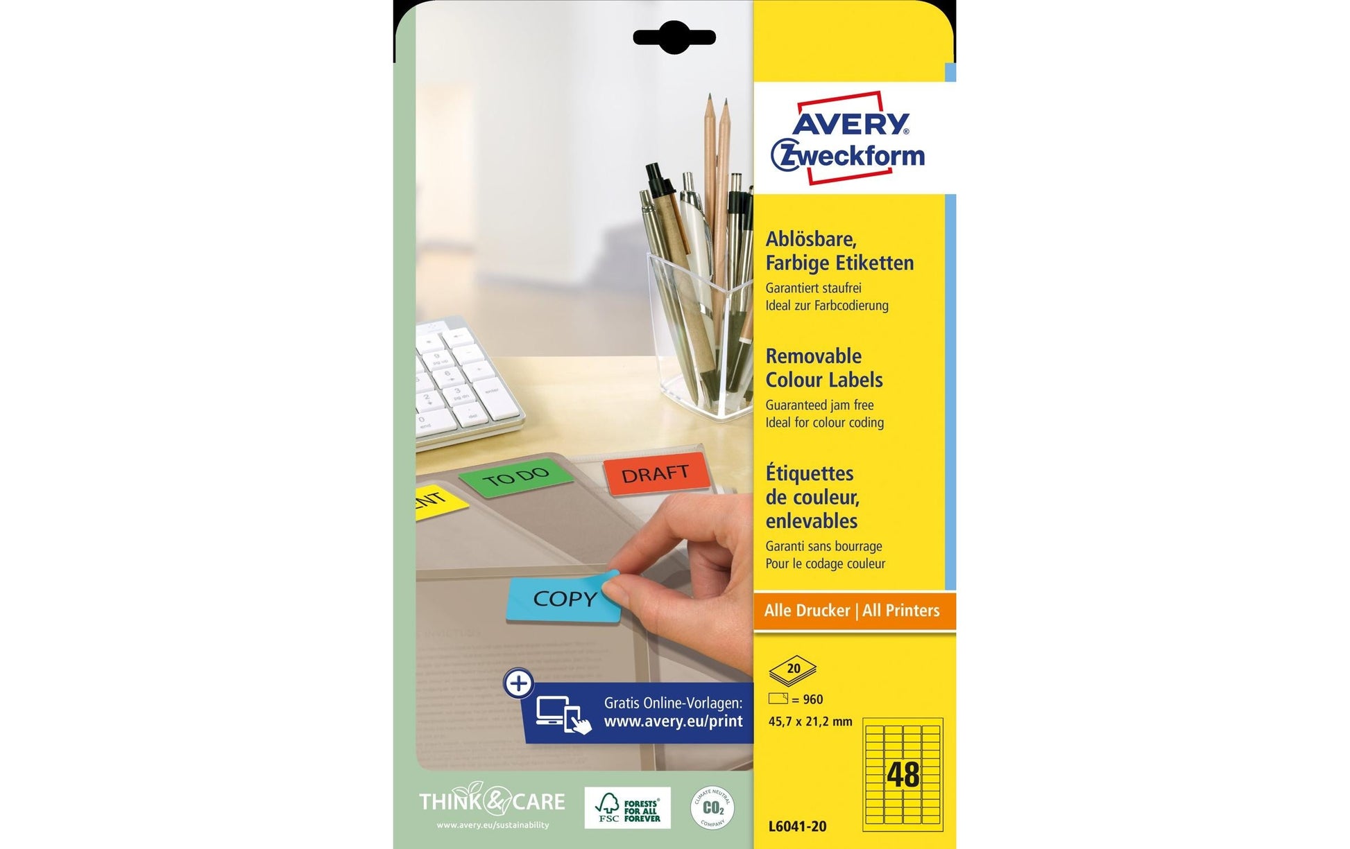 AVERY Zweckform – Etiketten A4 46 × 21 mm – Papier – wiederablösbar – Laser/Inkjet – 48 pro Blatt, 20 Blätter