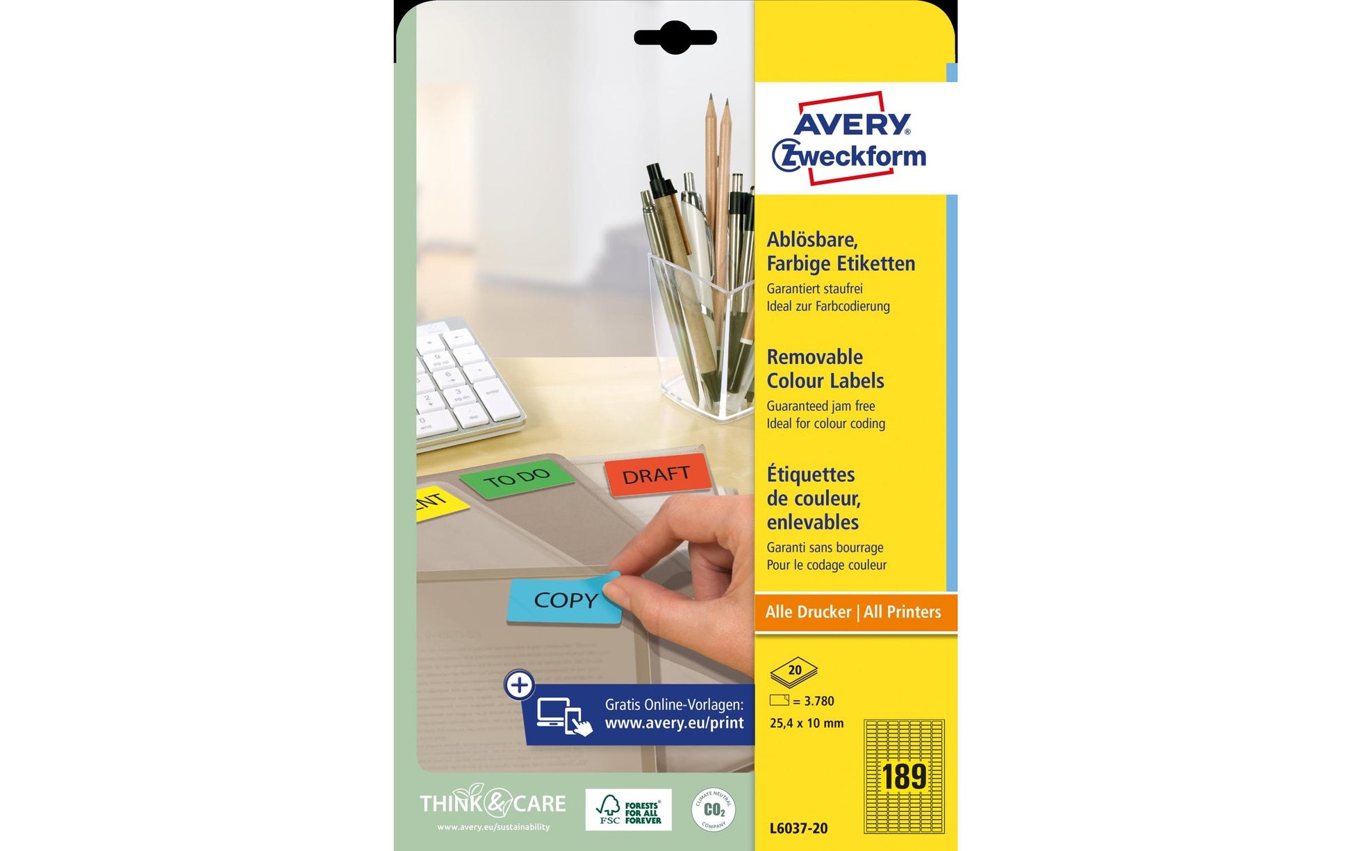 AVERY Zweckform L6037-20 – Etiketten A4 25 × 10 mm – Papier, gelb – wiederablösbar – 189 pro Blatt, 20 Blätter