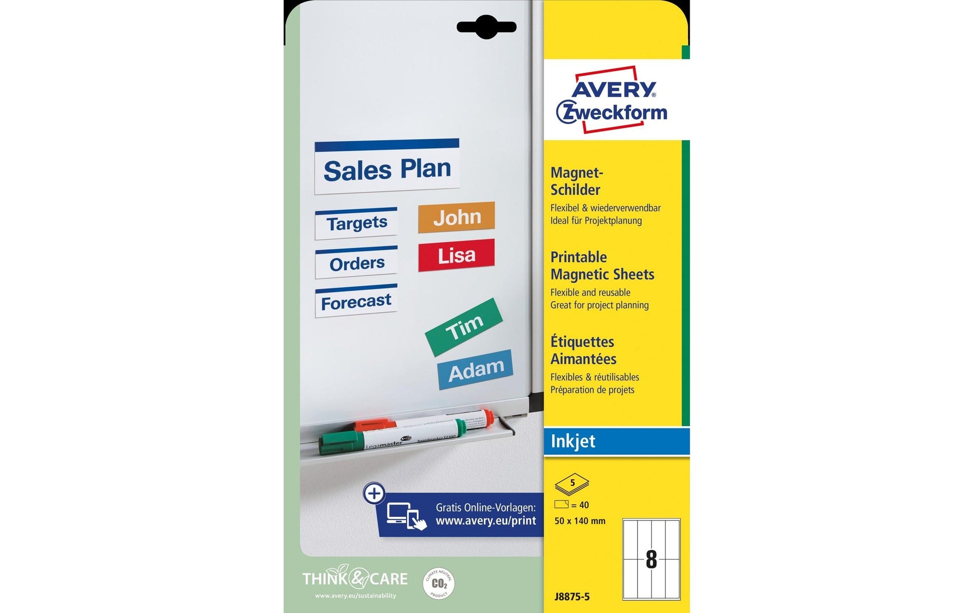 Avery Magnetschild – für Inkjetdrucker, 50 × 140 mm, 40 Schilder (5 Blatt)