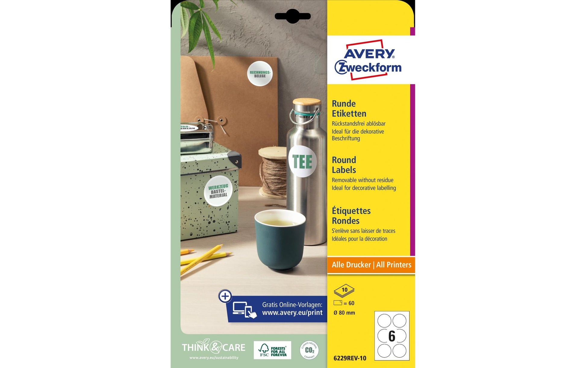 Avery Runde Etiketten, Ø 80 mm, weiss, Papier, wiederablösbar, 60 Etiketten (10 Blätter)