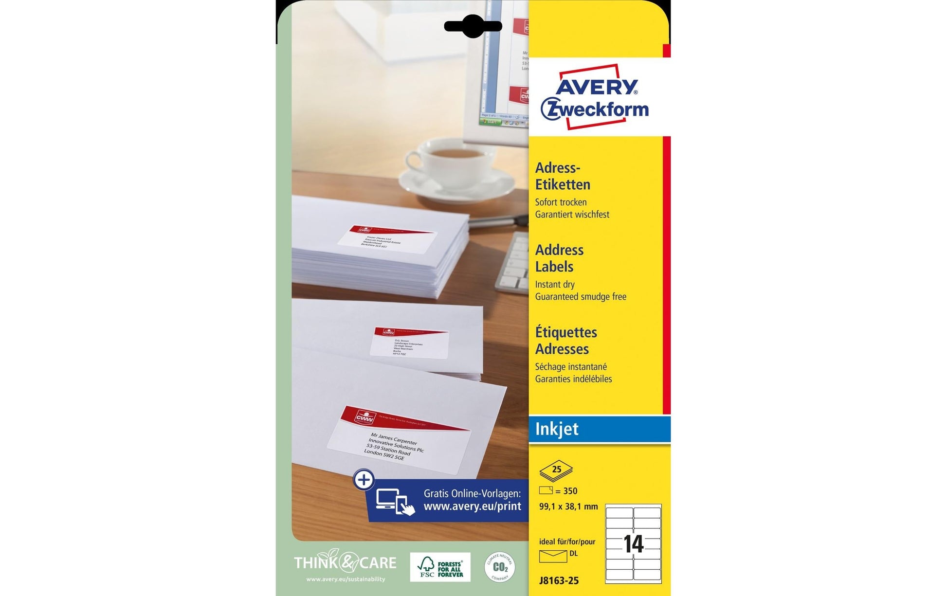 Avery Adress-Etiketten, 99 mm × 38 mm, weiss, Papier, permanent, 25 Blatt (350 Etiketten)
