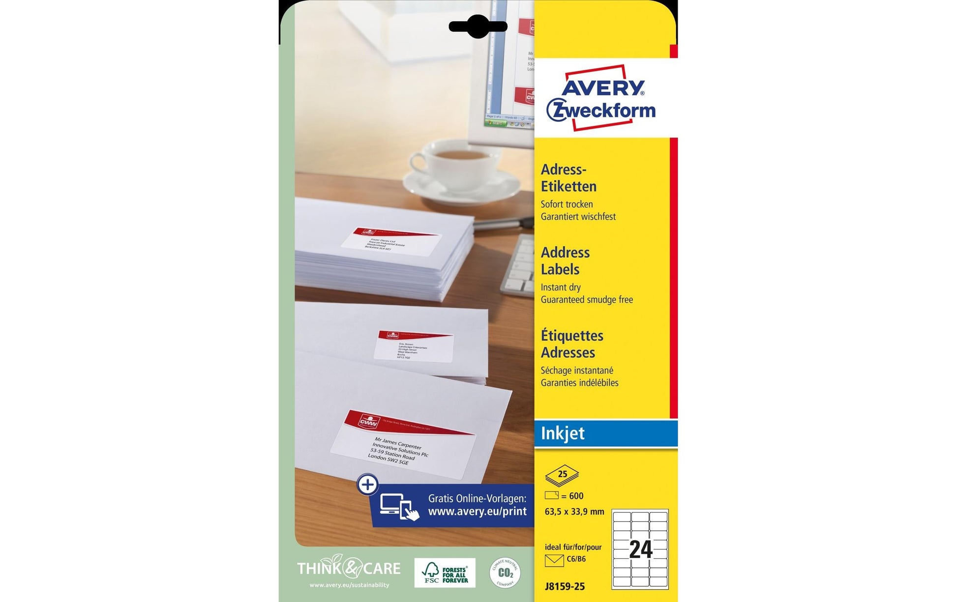 Avery Druckeretiketten, 64 mm × 34 mm, weiss, Papier, permanent, 25 Blatt (600 Etiketten)