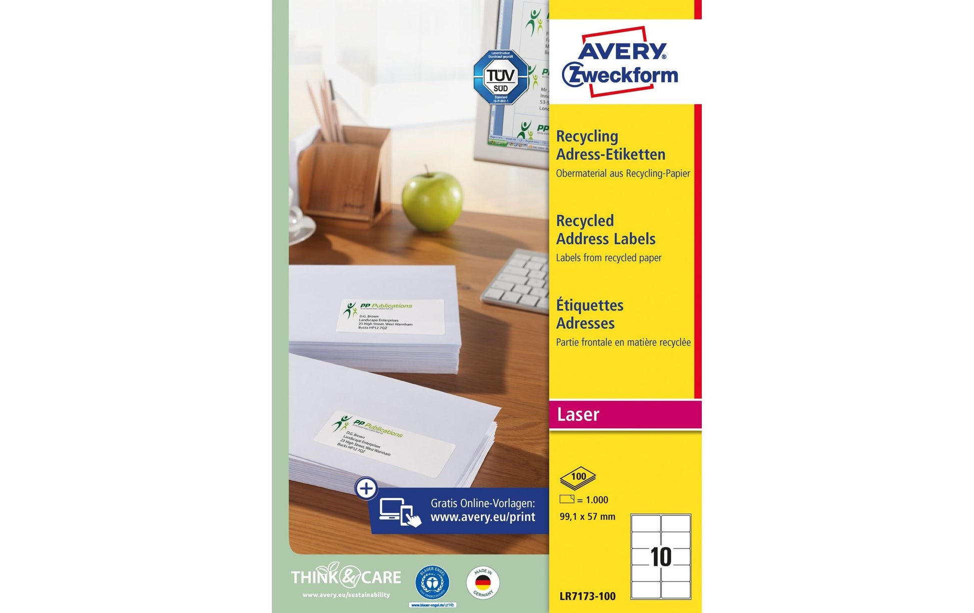 Avery Zweckform Adress-Etiketten – 99,1×57 mm, 1000 Stk, 100 Bogen, Recyclingpapier, permanent haftend