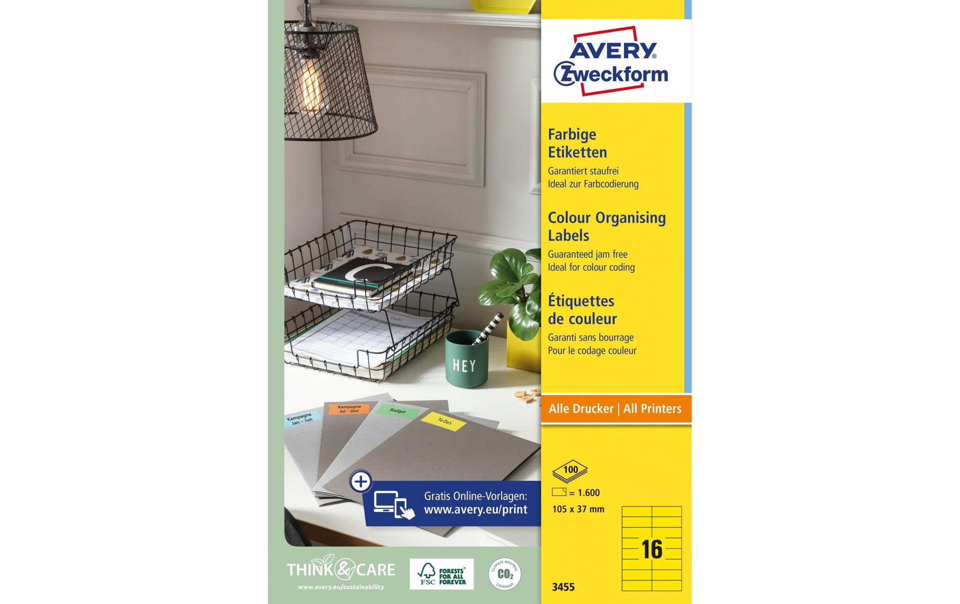 Avery Zweckform – Druckeretiketten, 37 mm × 105 mm, Gelb, Papier, Selbstklebend, 1'600 Etiketten (100 Blatt)