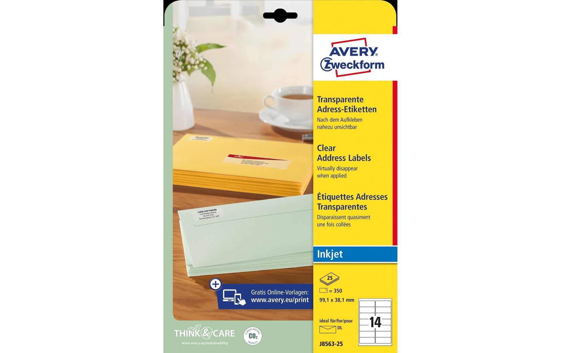 Avery Inkjet-Etiketten, 99 mm × 38 mm, transparent, Folie, permanent, 25 Blatt (350 Etiketten)