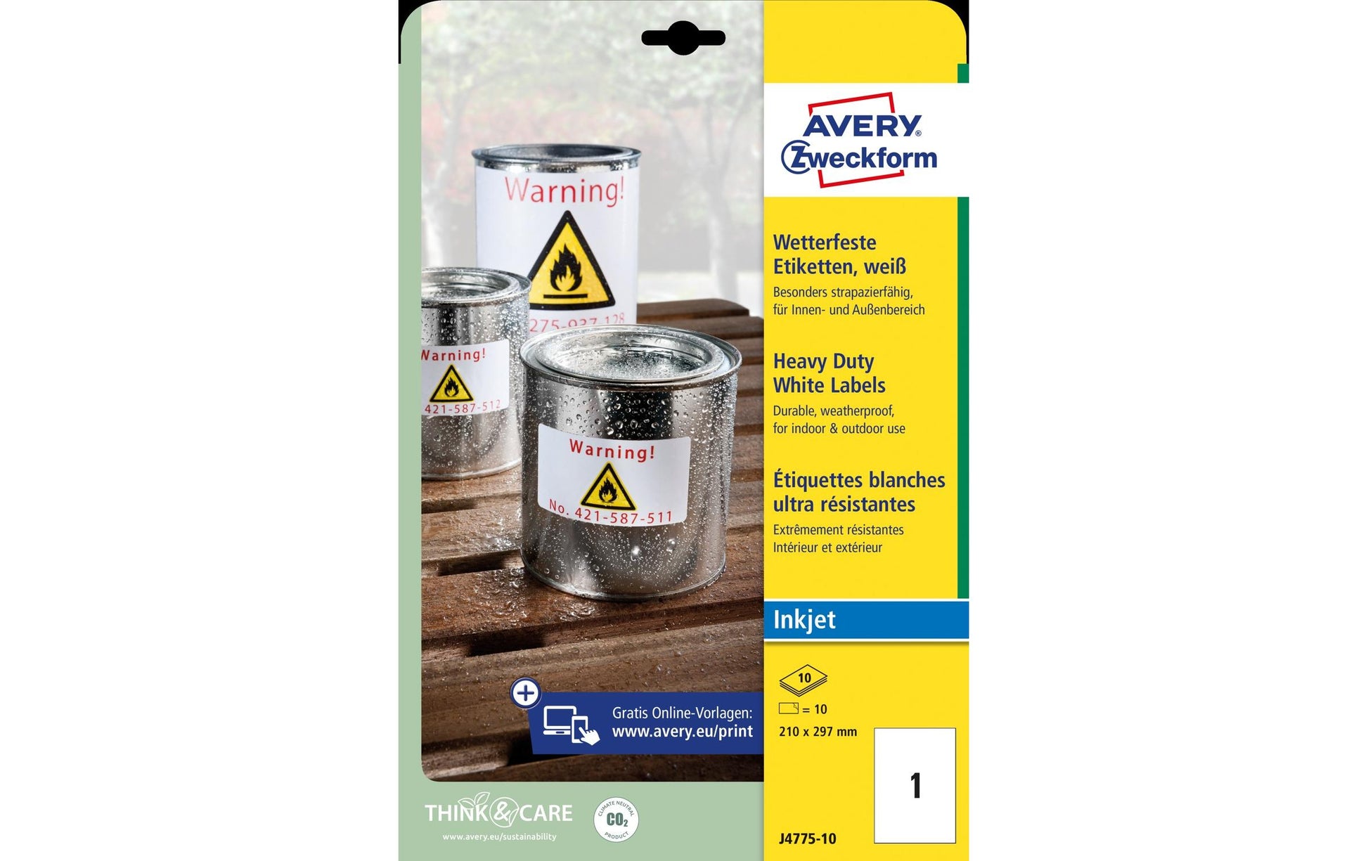 Avery Etiketten (A4-Bogen), 210 mm × 297 mm, weiss, Folie, extra stark, 10 Blatt