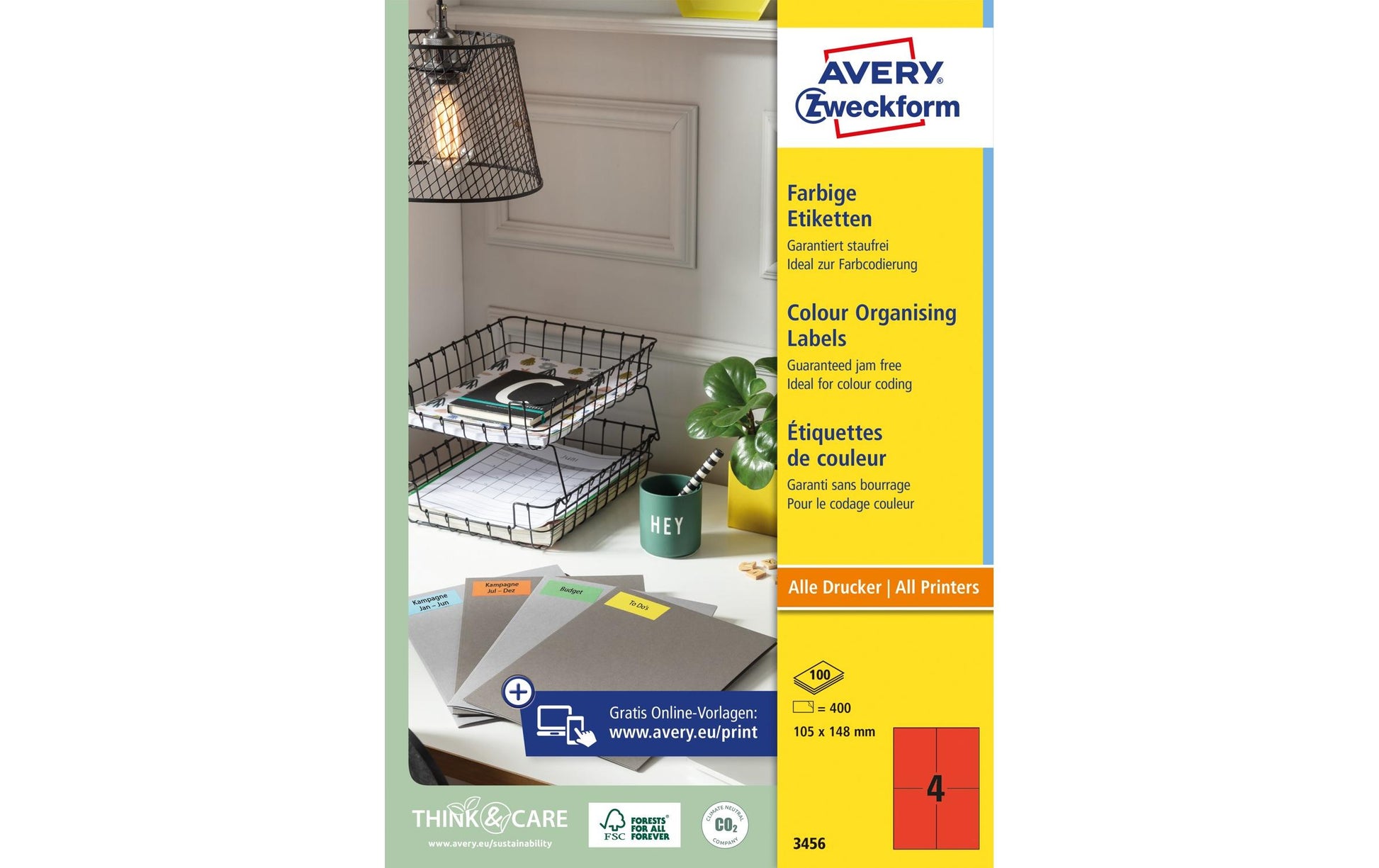 AVERY Zweckform – Druckeretiketten, 105 mm × 148 mm, rot, Papier, selbstklebend, 400 Etiketten (100 Blatt)