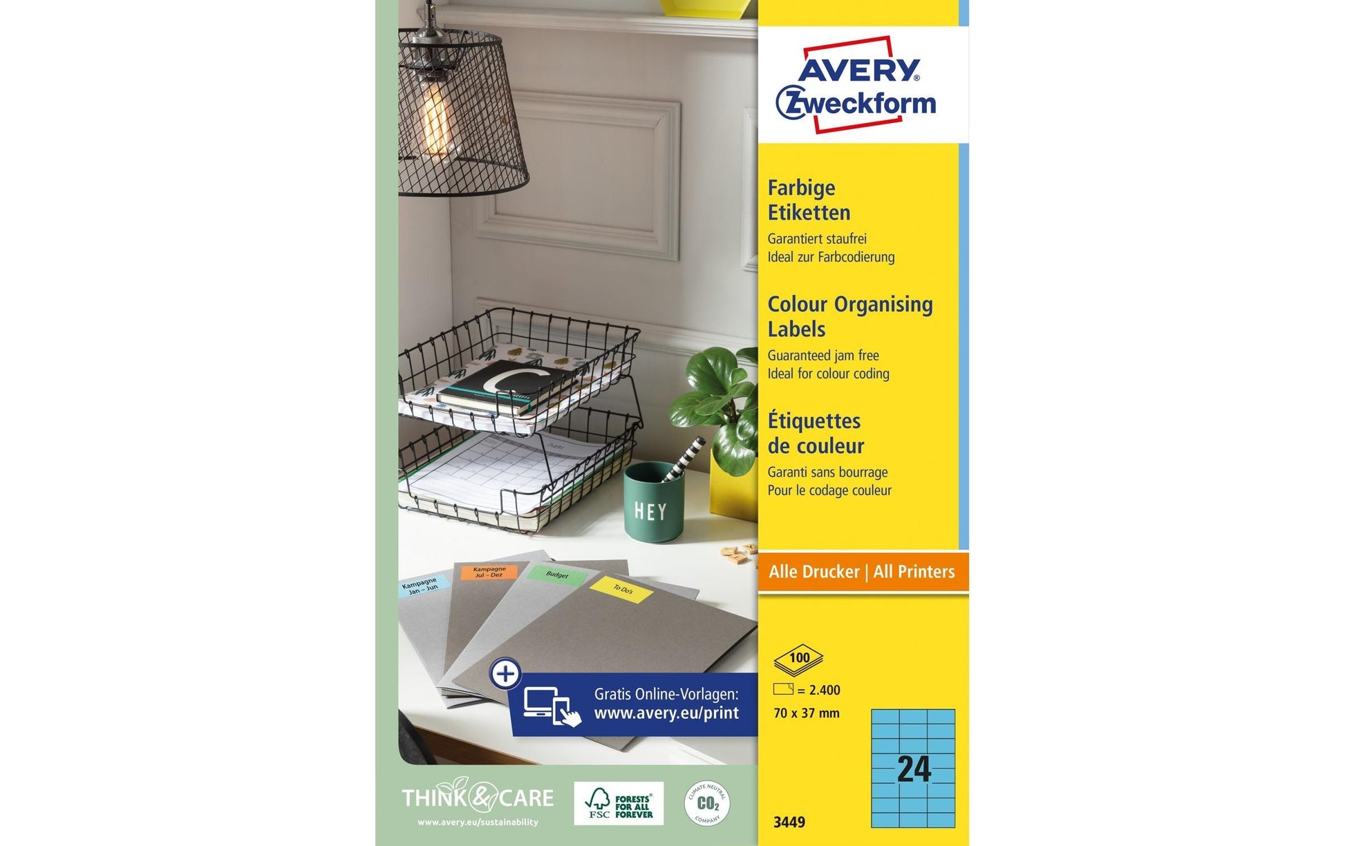 AVERY Zweckform – Universal Druckeretiketten, 70 mm × 37 mm, blau, Papier, selbstklebend