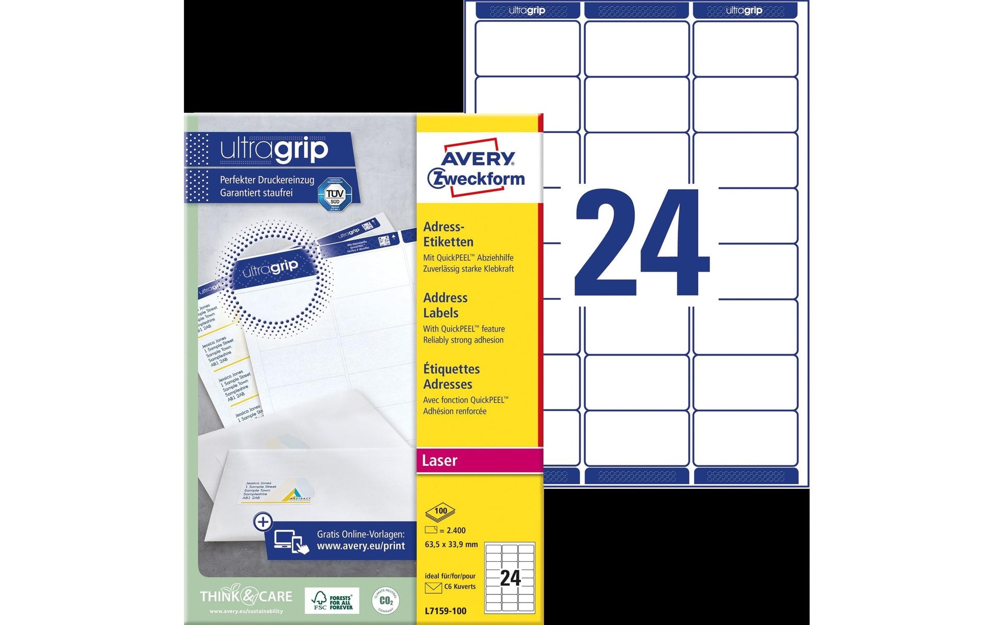 Avery Zweckform – Adressetiketten, 64 mm × 34 mm, weiss, Papier, permanent, 100 Blätter (2'400 Etiketten)