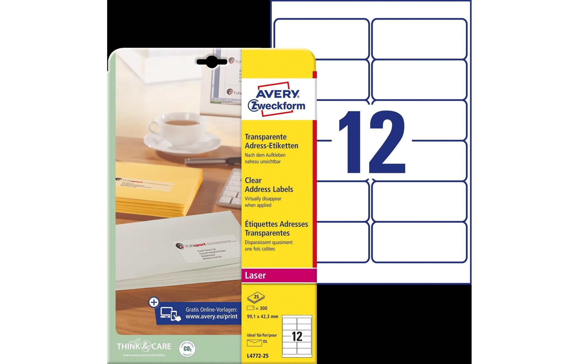 Avery Drucketiketten, 99,1 mm × 42,3 mm, transparent, 300 Etiketten (25 Blätter)