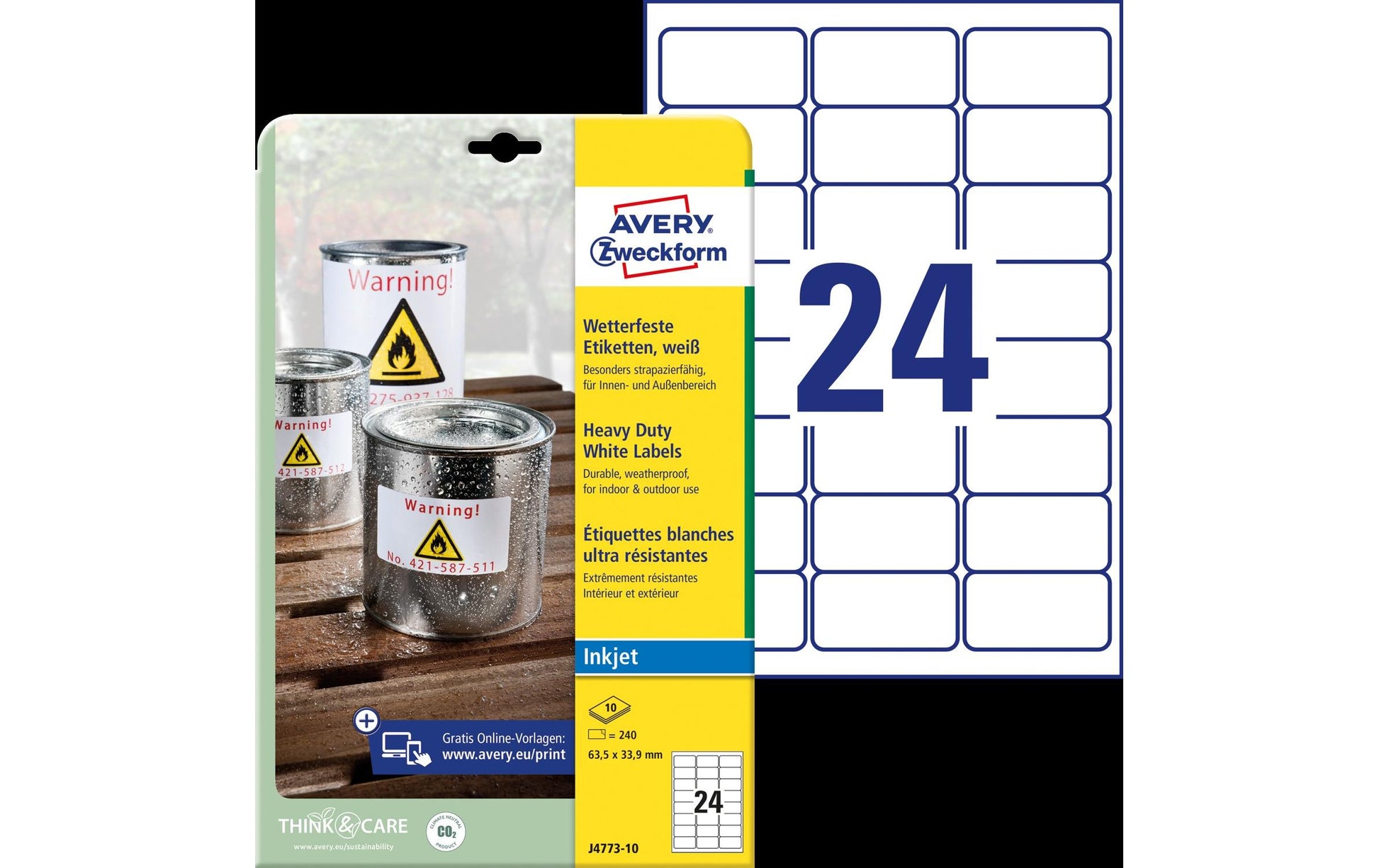 Avery Drucketiketten, 64 mm × 34 mm, weiss, Folie, extra stark, 240 Etiketten (10 Blatt)