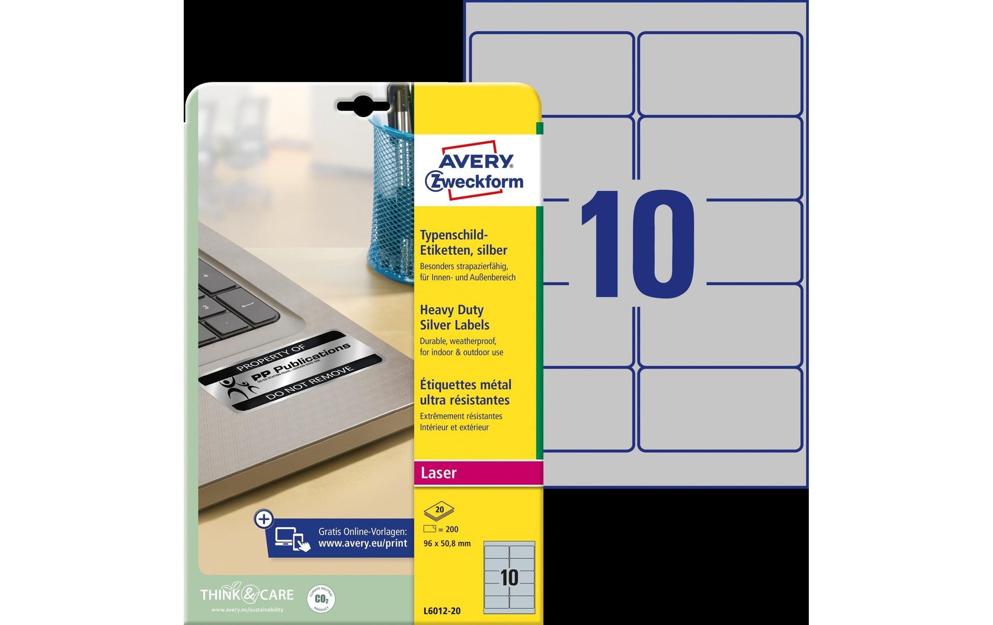 Avery Typenschild-Etiketten, 96 mm × 51 mm, silber, Folie, permanent, 200 Etiketten (20 Blatt)