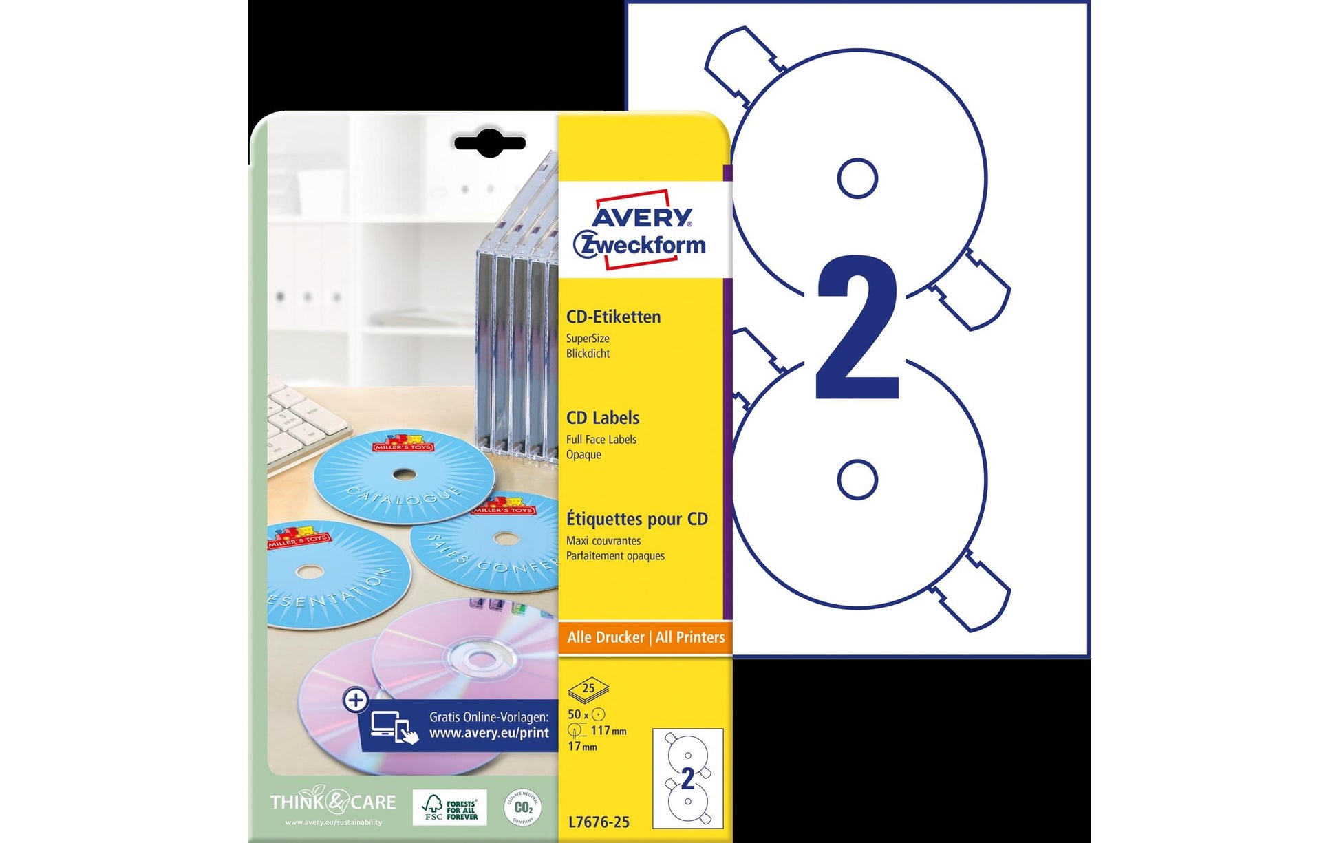 Avery Zweckform – CD-Etiketten SuperSize, Ø 117 mm, weiss, Papier, selbstklebend, 25 Bogen (50 Etiketten)