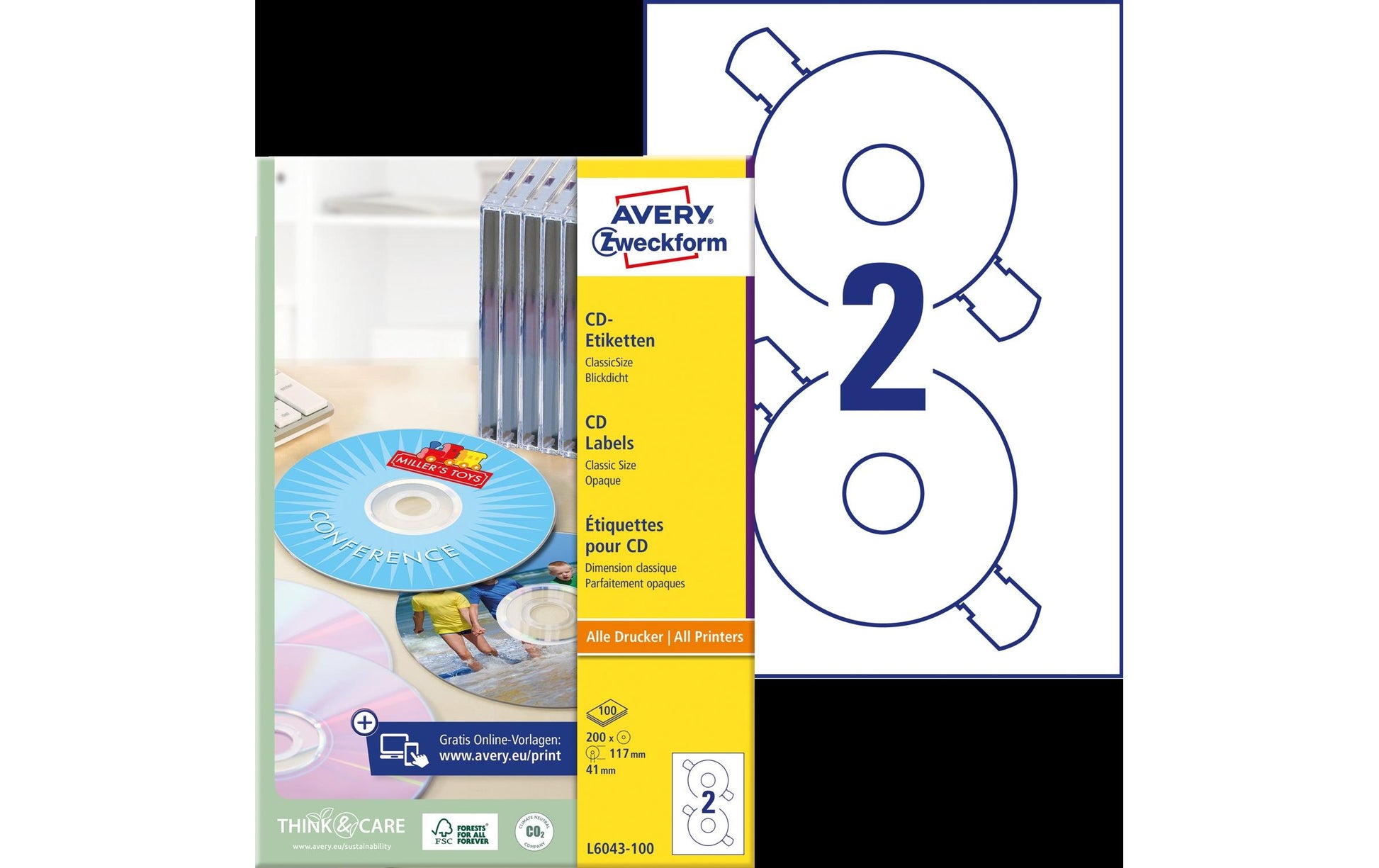 Avery Zweckform – CD-Etiketten, Ø 117 mm, weiss, Papier, selbstklebend, 200 Etiketten (100 Blatt)