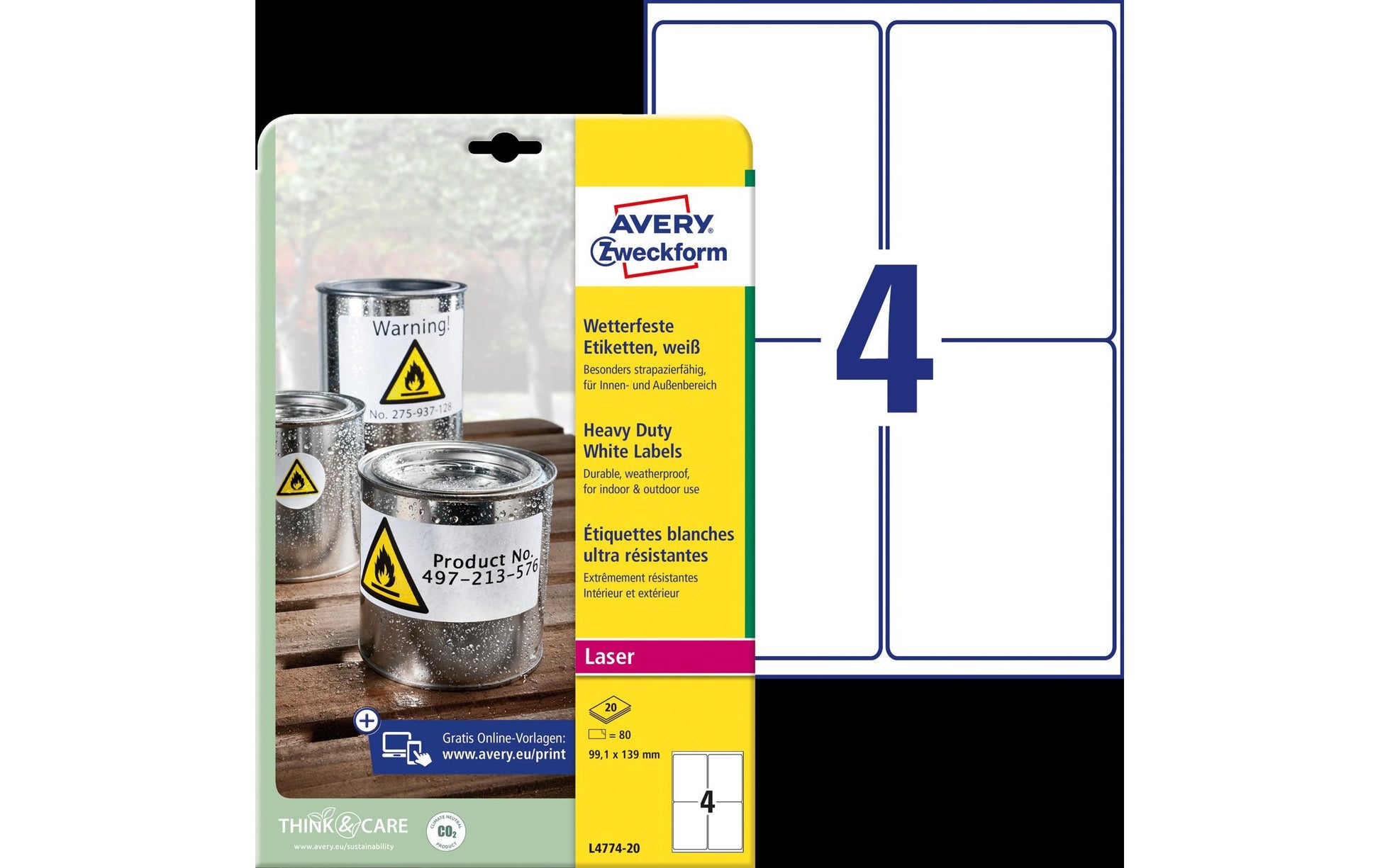 Avery Druckeretiketten, 99 mm × 139 mm, weiss, Folie, extra stark, 20 Blätter (80 Etiketten)