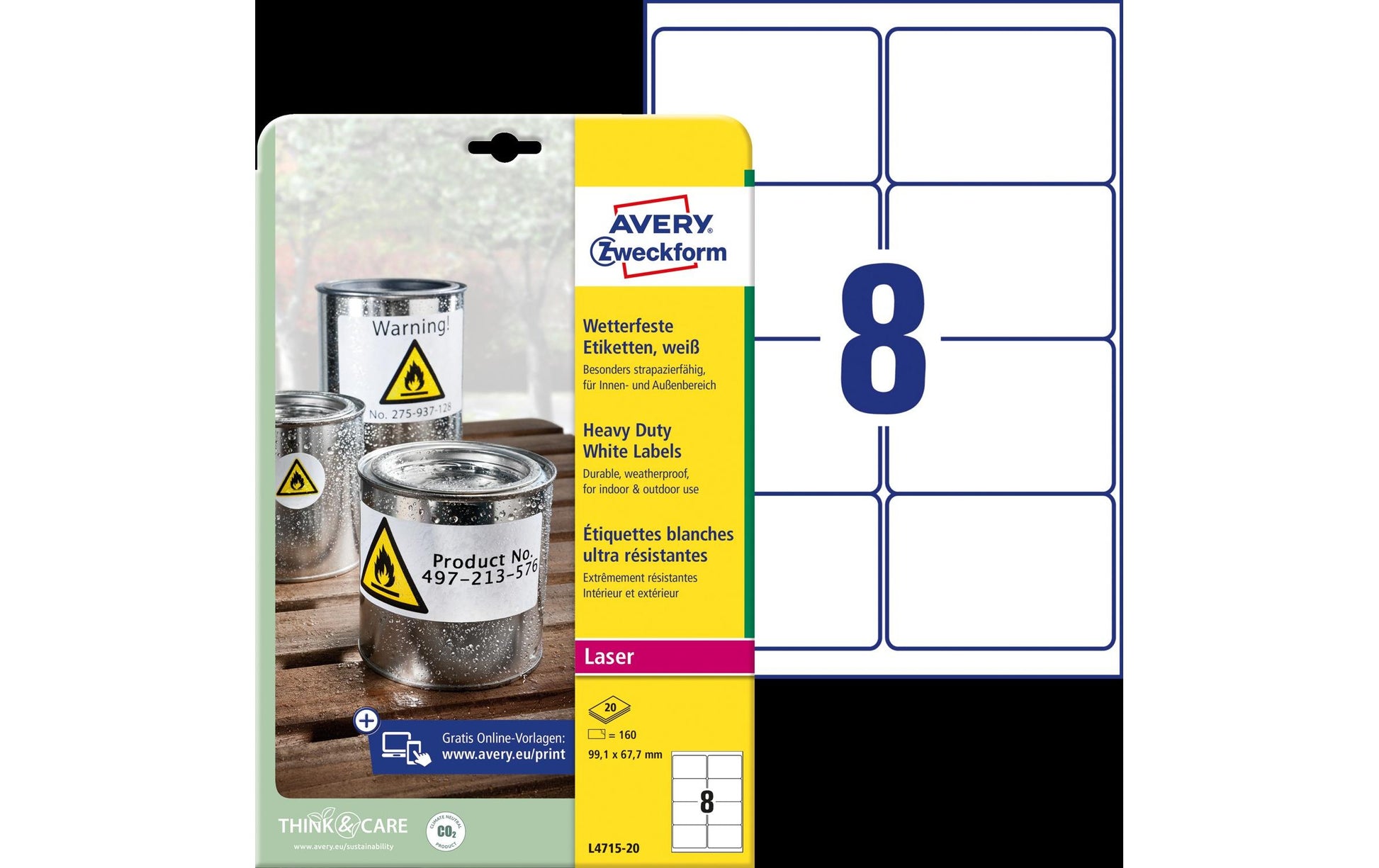 Avery Drucketiketten, 99 mm × 68 mm, weiss, Folie, extra stark, 160 Etiketten (20 Blätter)