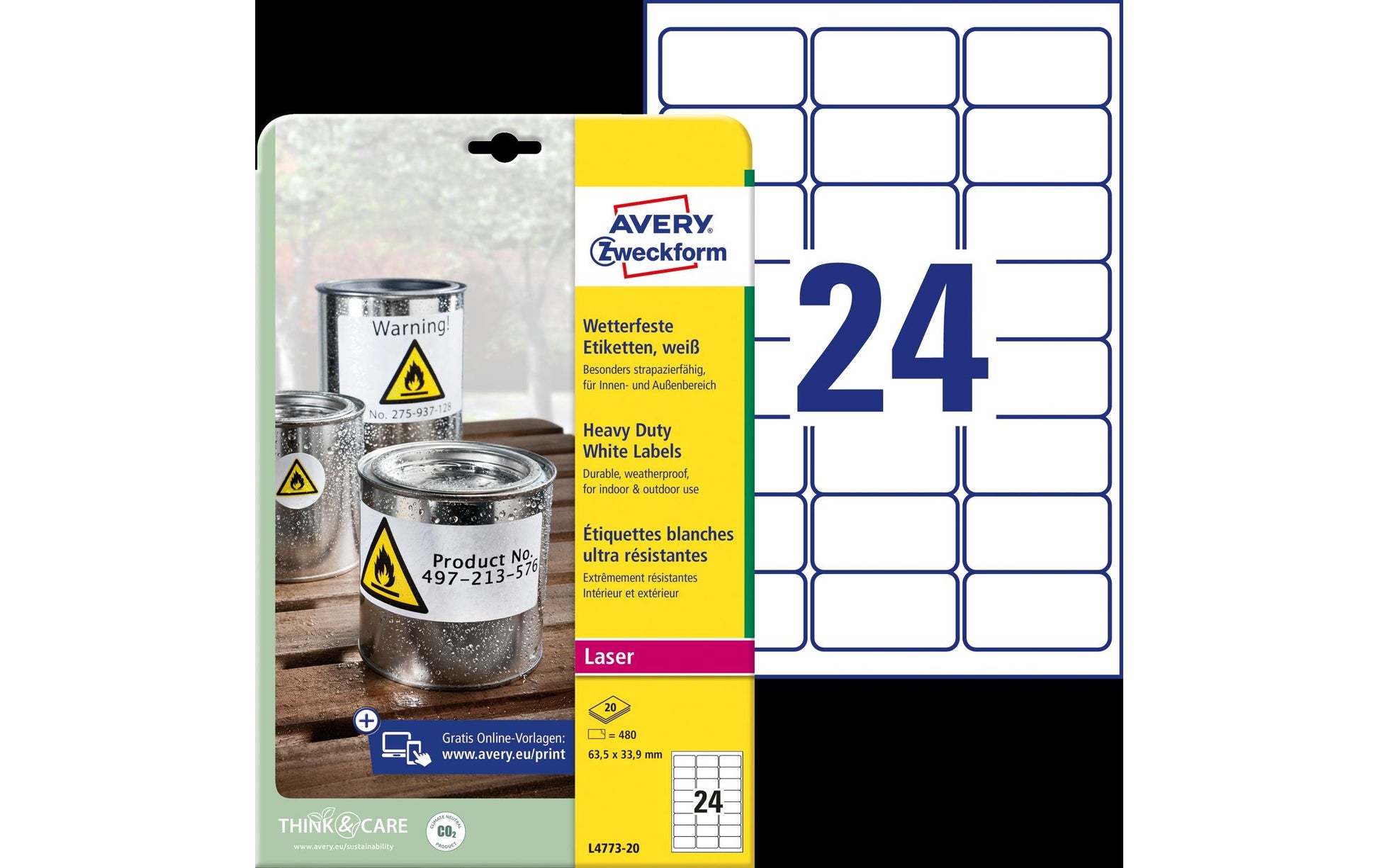 Avery Drucketiketten, 64 mm × 34 mm, weiss, Folie, extra stark, 20 Blätter (480 Etiketten)