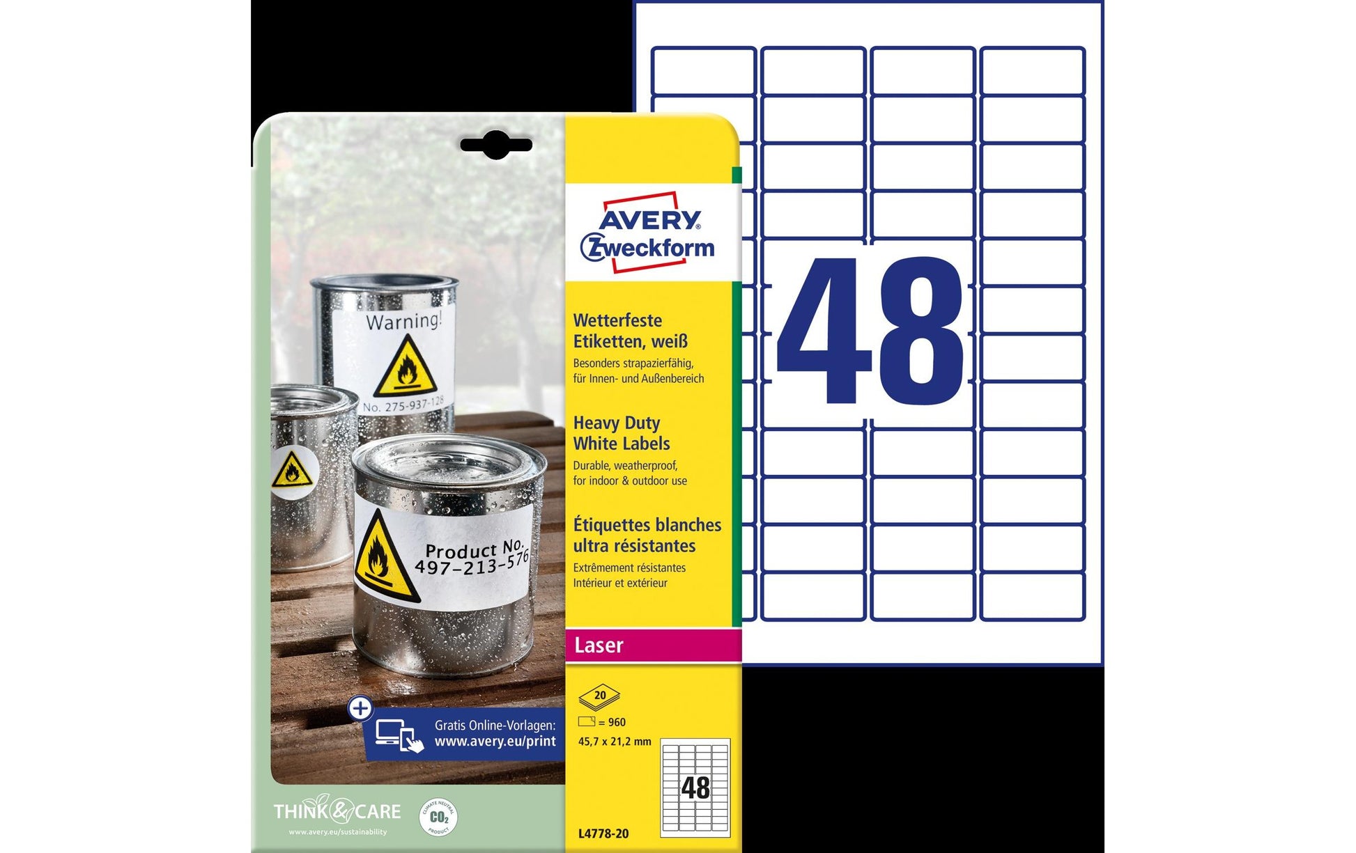 Avery Druckeretiketten, 46 mm × 21 mm, weiss, Folie, extra stark, 960 Etiketten (20 Blatt)