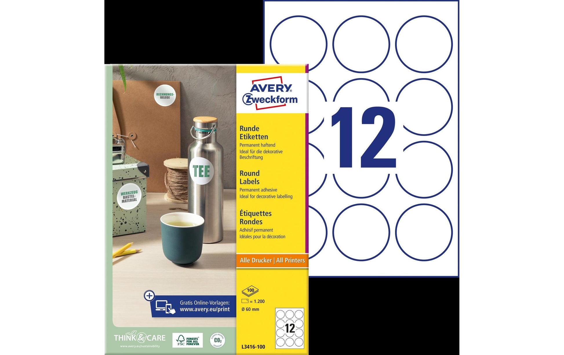 Avery Etiketten A4 Ø 60 mm – Papier – permanent haftend – Laser/Inkjet – 12 pro Blatt, 100 Blätter (1'200 Stk.)