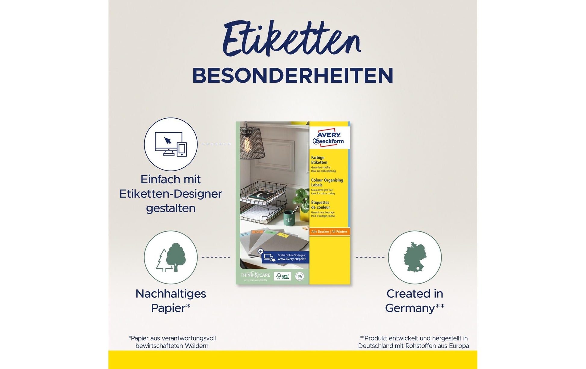 Avery Zweckform – Druckeretiketten, 37 mm × 105 mm, Gelb, Papier, Selbstklebend, 1'600 Etiketten (100 Blatt)