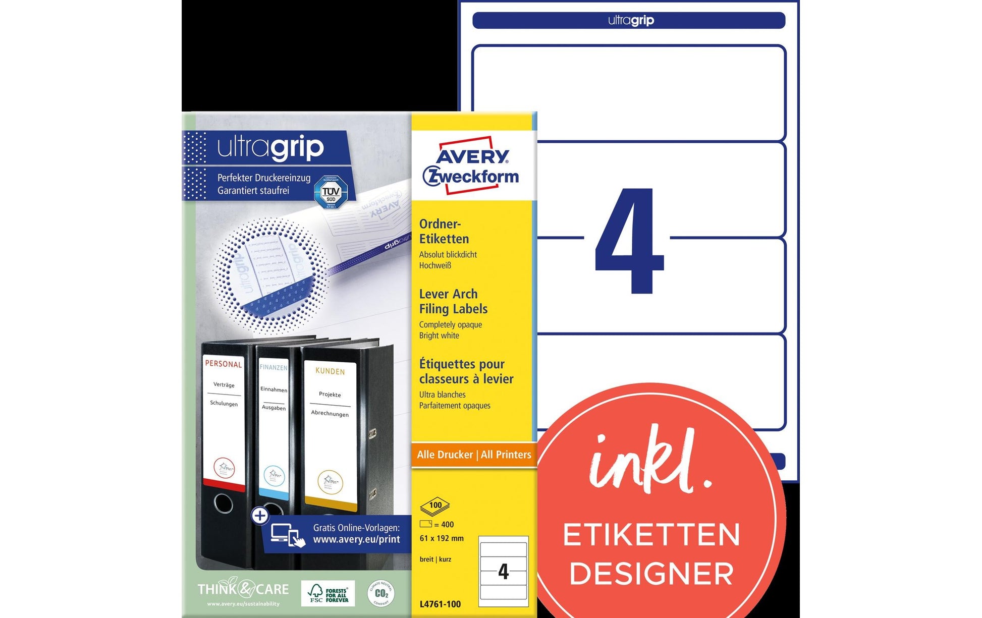 Avery Zweckform Schuletiketten – 61 × 192 mm, Abgerundete Ecken, 400 Stk, 100 Bogen, Papier, Permanent Haftend