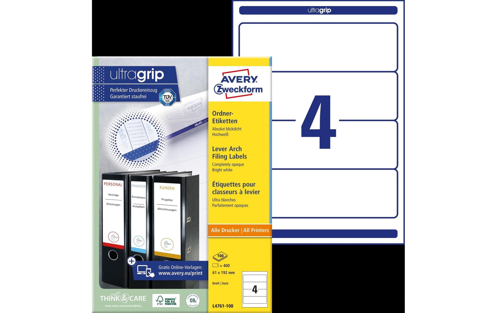 Avery Zweckform Schuletiketten – 61 × 192 mm, Abgerundete Ecken, 400 Stk, 100 Bogen, Papier, Permanent Haftend