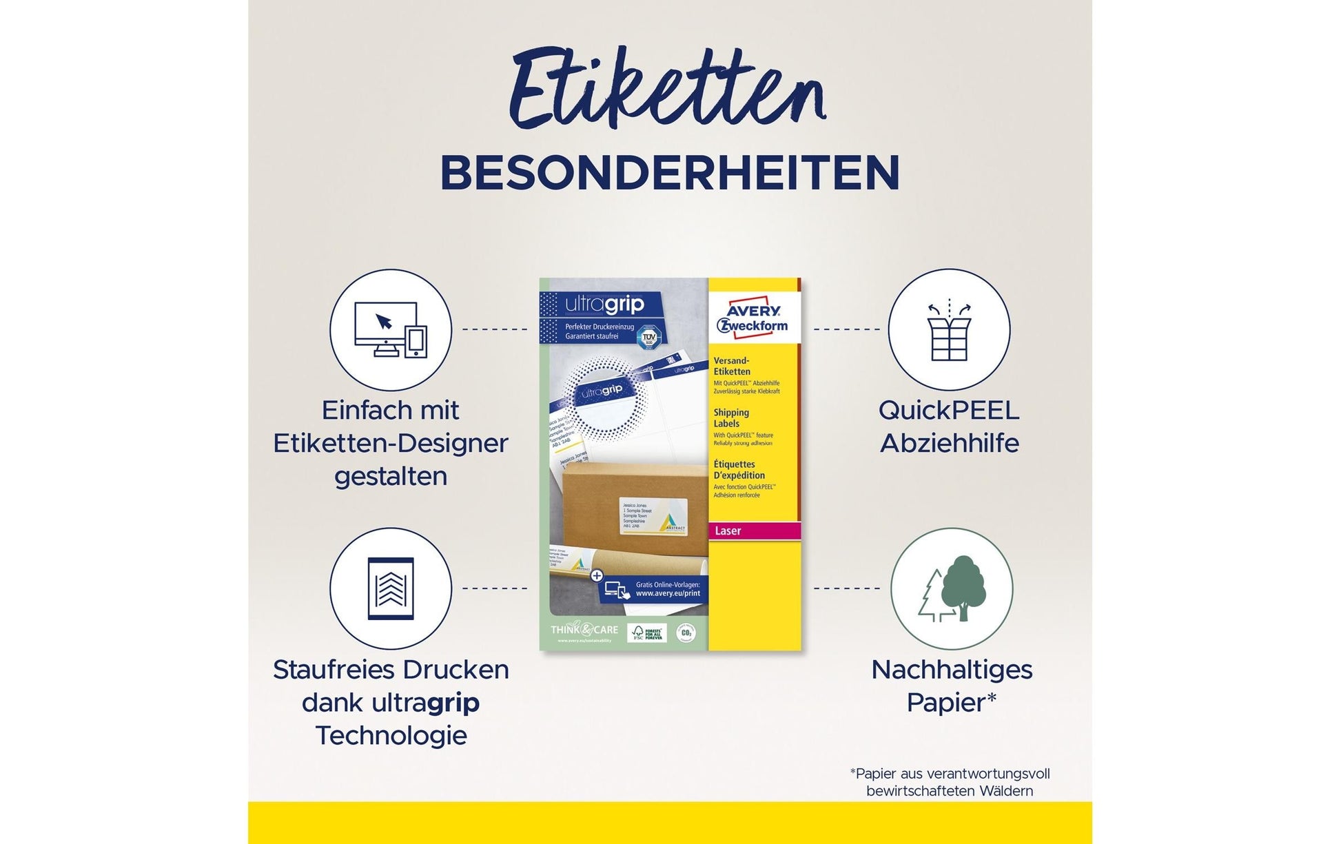 Avery L7169-100 – Etiketten A4 139 × 99 mm – Papier, weiss – Laser/Inkjet – 4 pro Blatt, 100 Blätter (400 Stk.)