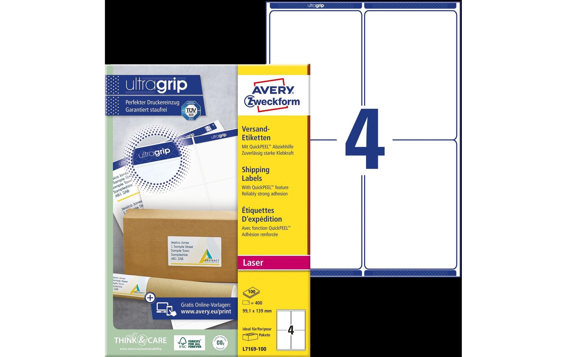 Avery L7169-100 – Etiketten A4 139 × 99 mm – Papier, weiss – Laser/Inkjet – 4 pro Blatt, 100 Blätter (400 Stk.)