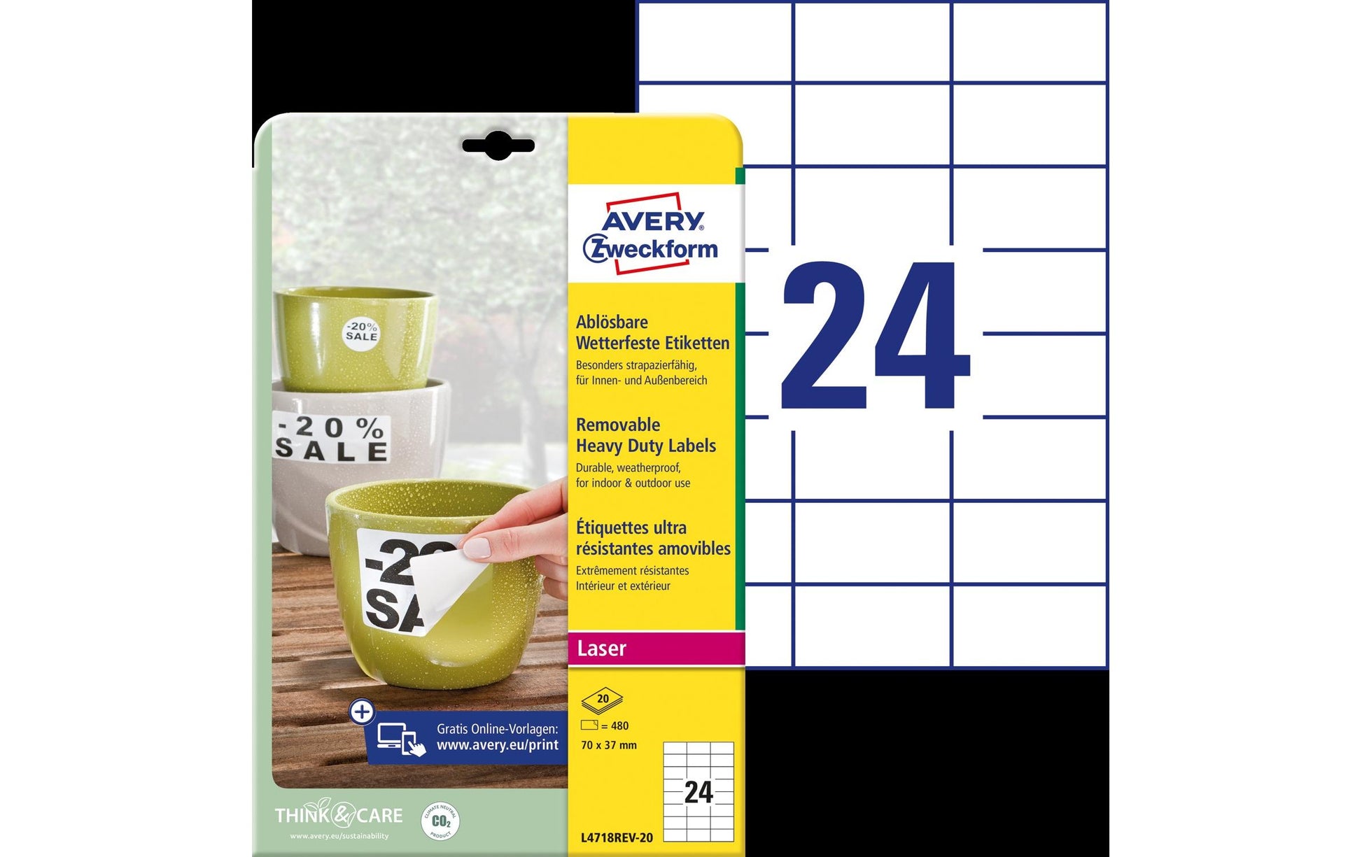 Avery Druckeretiketten, 70 mm × 37 mm, weiss, Polyester, selbstklebend, für Laserdrucker