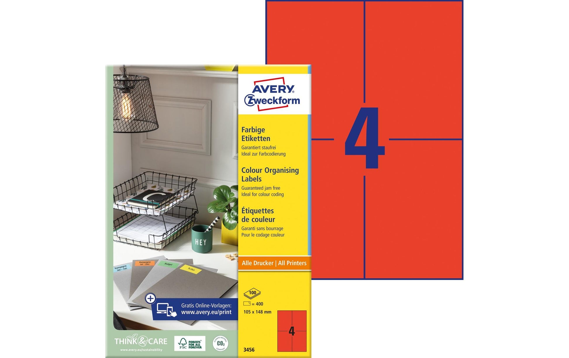 AVERY Zweckform – Druckeretiketten, 105 mm × 148 mm, rot, Papier, selbstklebend, 400 Etiketten (100 Blatt)