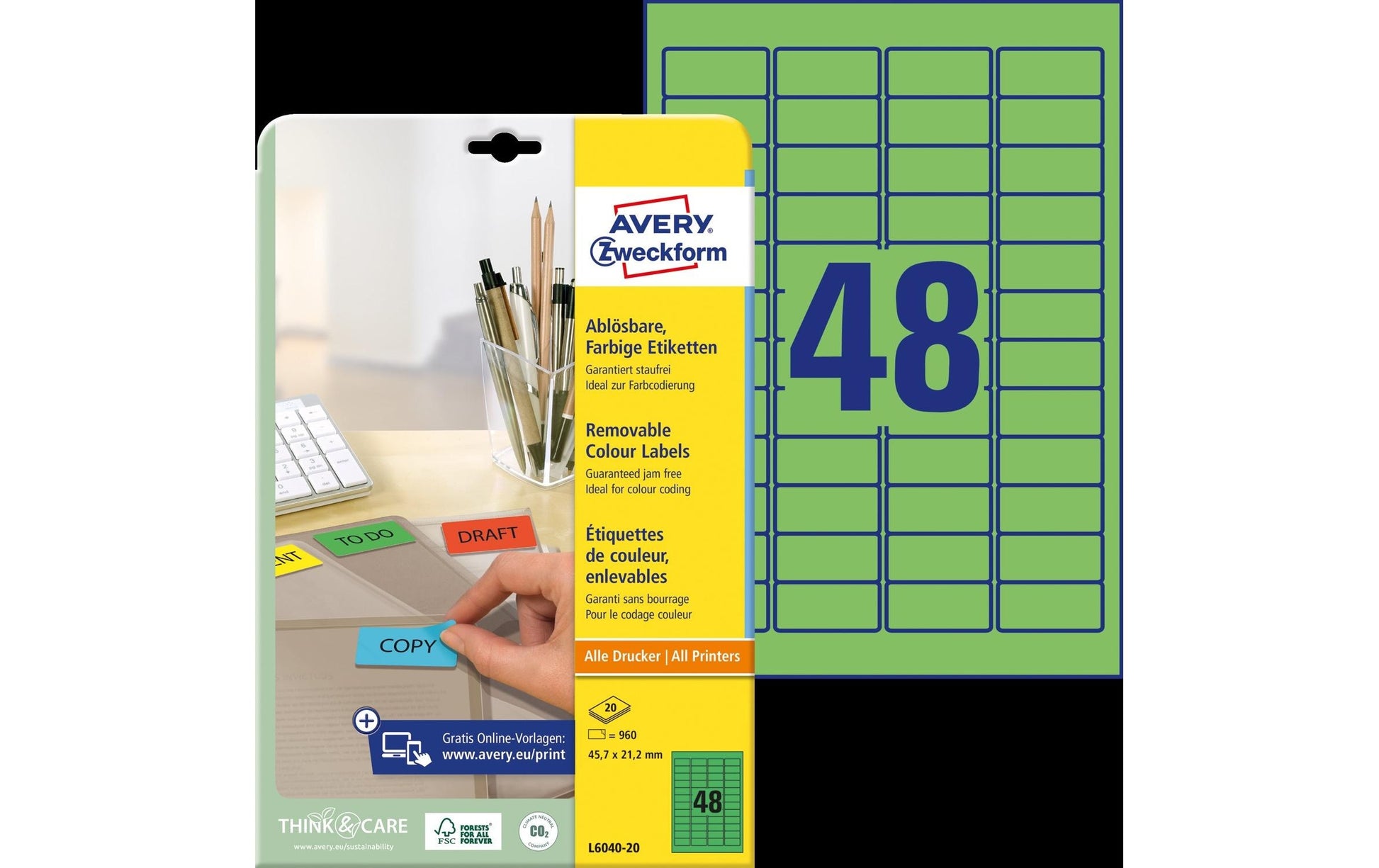 AVERY Zweckform – Etiketten A4 46 × 21 mm – Papier, grün – wiederablösbar – Laser/Inkjet – 48 pro Blatt, 20 Blätter