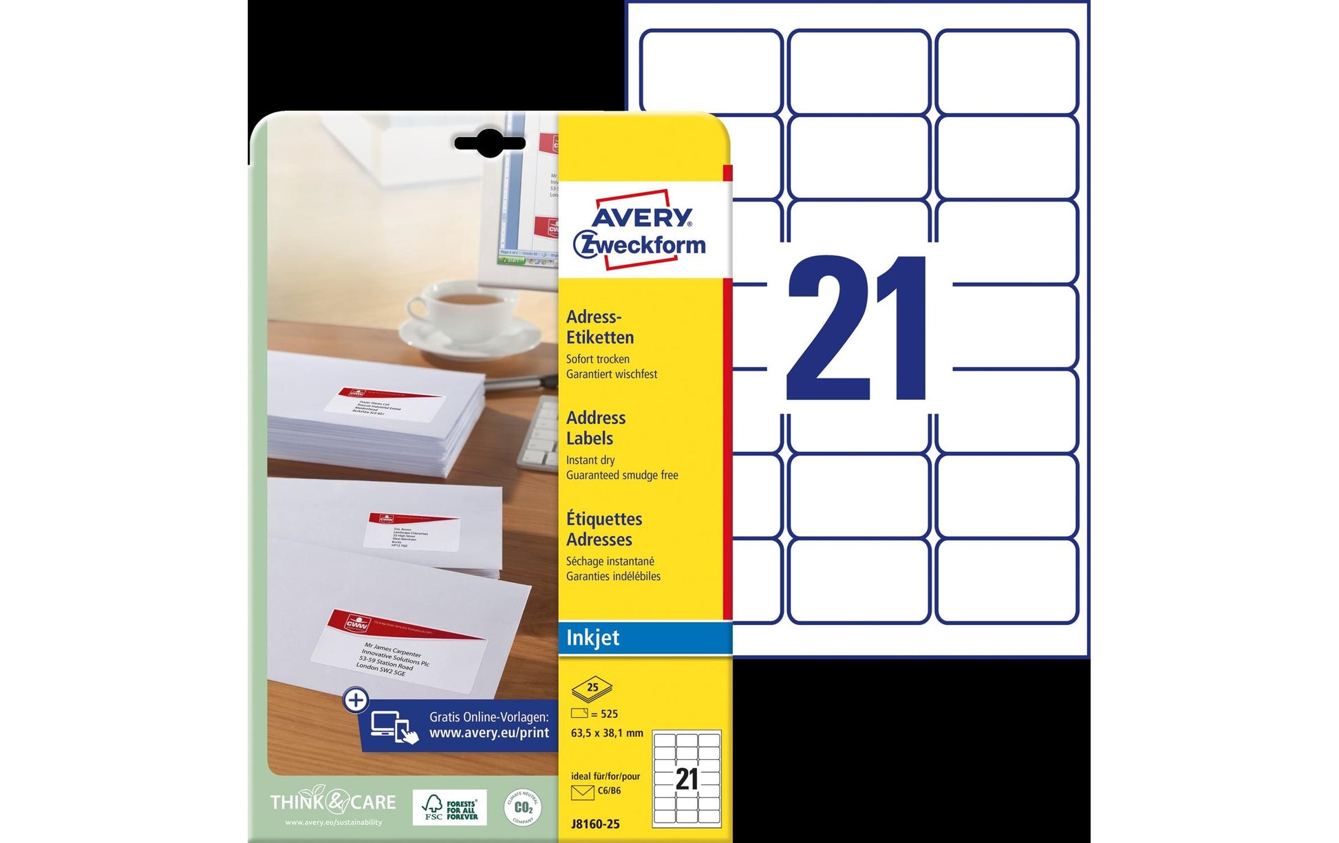 Avery Adress-Etiketten, 64 mm × 38 mm, weiss, Papier, permanent, 25 Blatt (525 Etiketten)