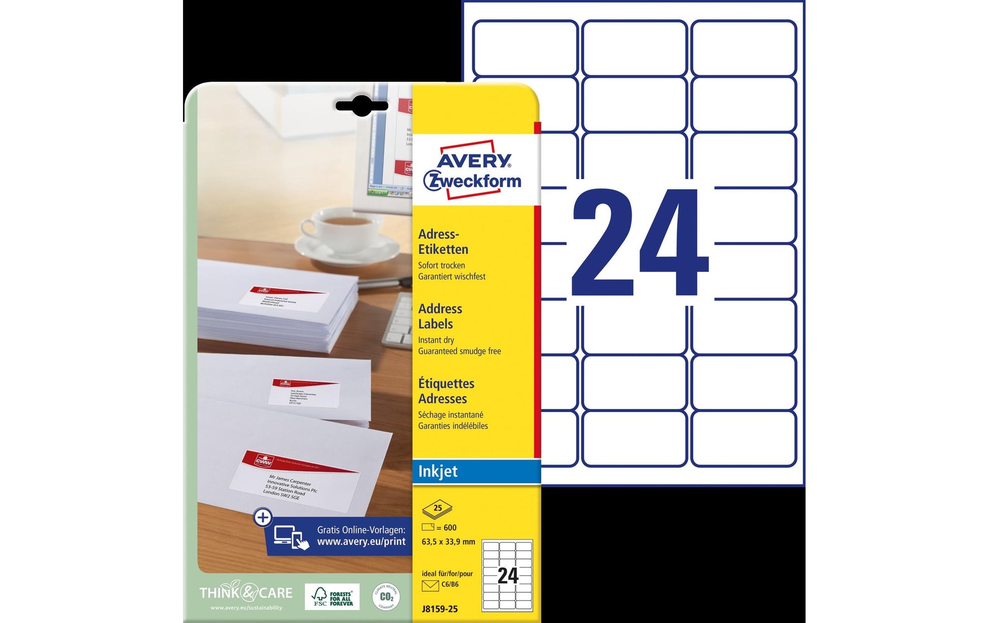 Avery Druckeretiketten, 64 mm × 34 mm, weiss, Papier, permanent, 25 Blatt (600 Etiketten)