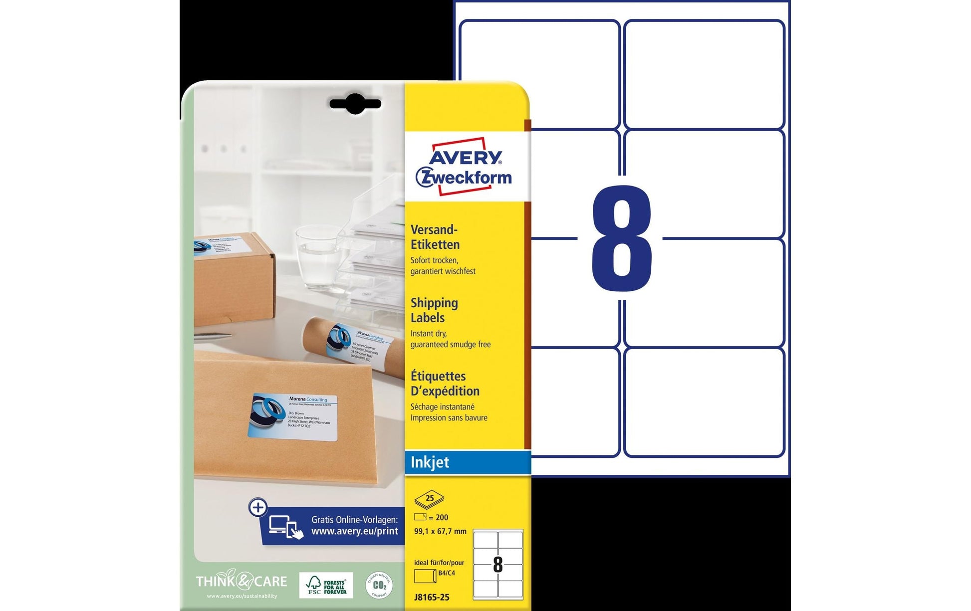 Avery J8165-25 – Etiketten A4 99 × 68 mm – weiss – Inkjet – 8 pro Blatt, 25 Blätter