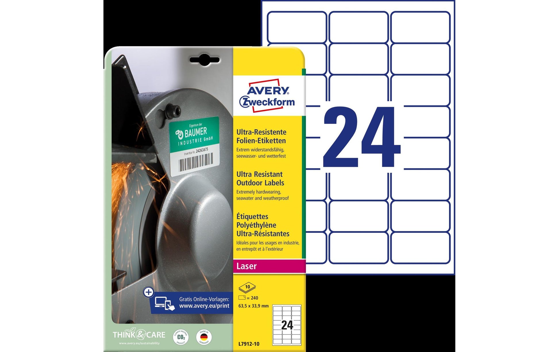 Avery Drucketiketten, 64 mm × 34 mm, weiss, Folie, extra stark, 240 Etiketten (10 Blatt)