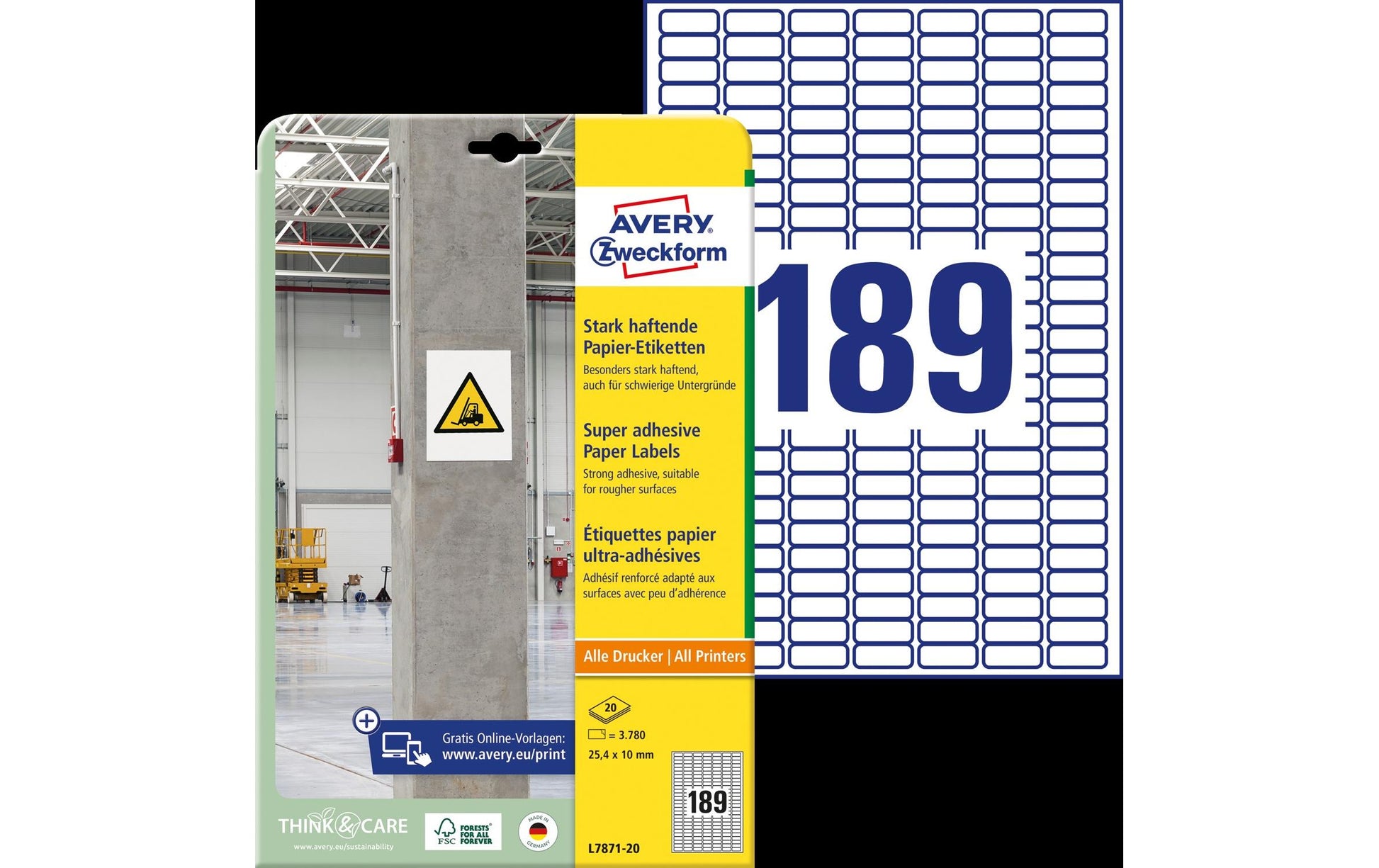 Avery L7871-20 – Etiketten A4 25,4 × 10 mm – Papier, weiss – permanent haftend – Laser/Inkjet – 20 Blätter