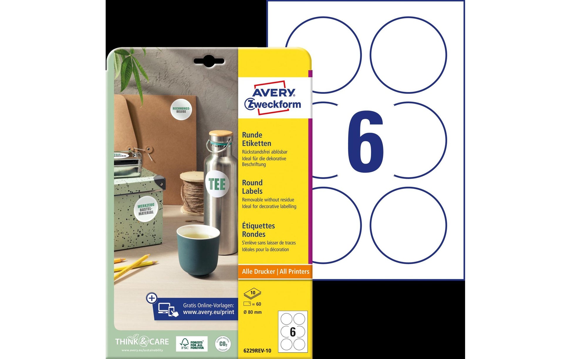 Avery Runde Etiketten, Ø 80 mm, weiss, Papier, wiederablösbar, 60 Etiketten (10 Blätter)