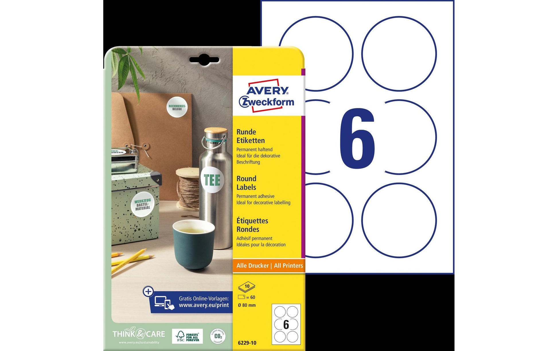 Avery Druckeretiketten, Ø 80 mm, weiss, Papier, permanent, 60 Etiketten (10 Blatt)
